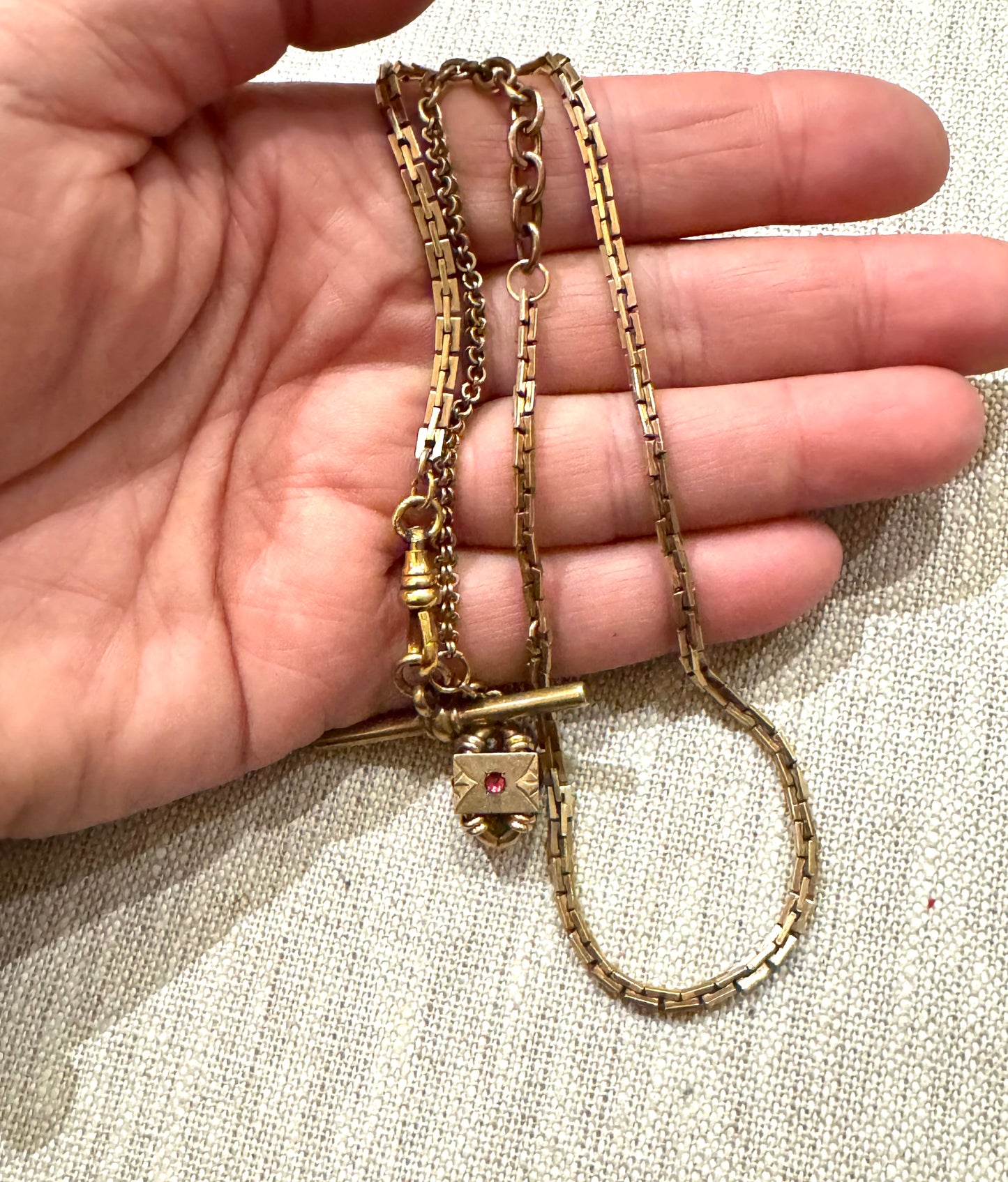 Antique Gold Filled Box Chain Watch Chain with Bauble