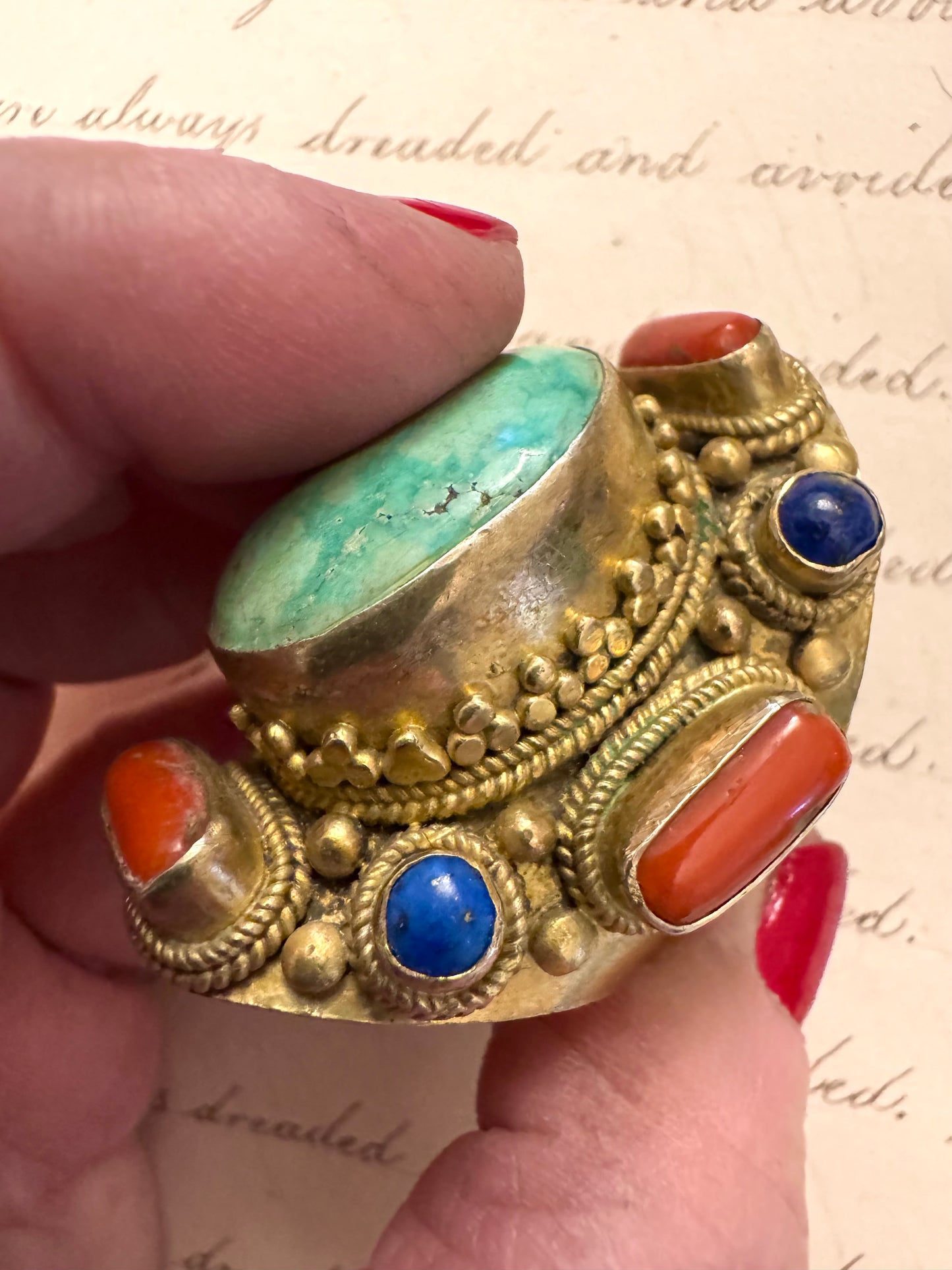 Enormous Vermeil Tibetan Turquoise Coral and Lapis Ring