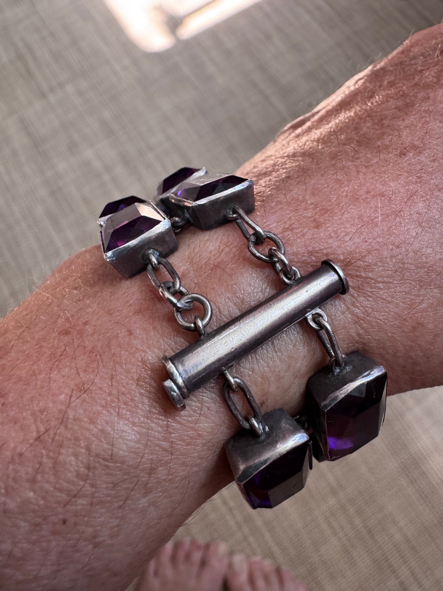 Two Deco Amethyst Glass and Sterling Bracelets