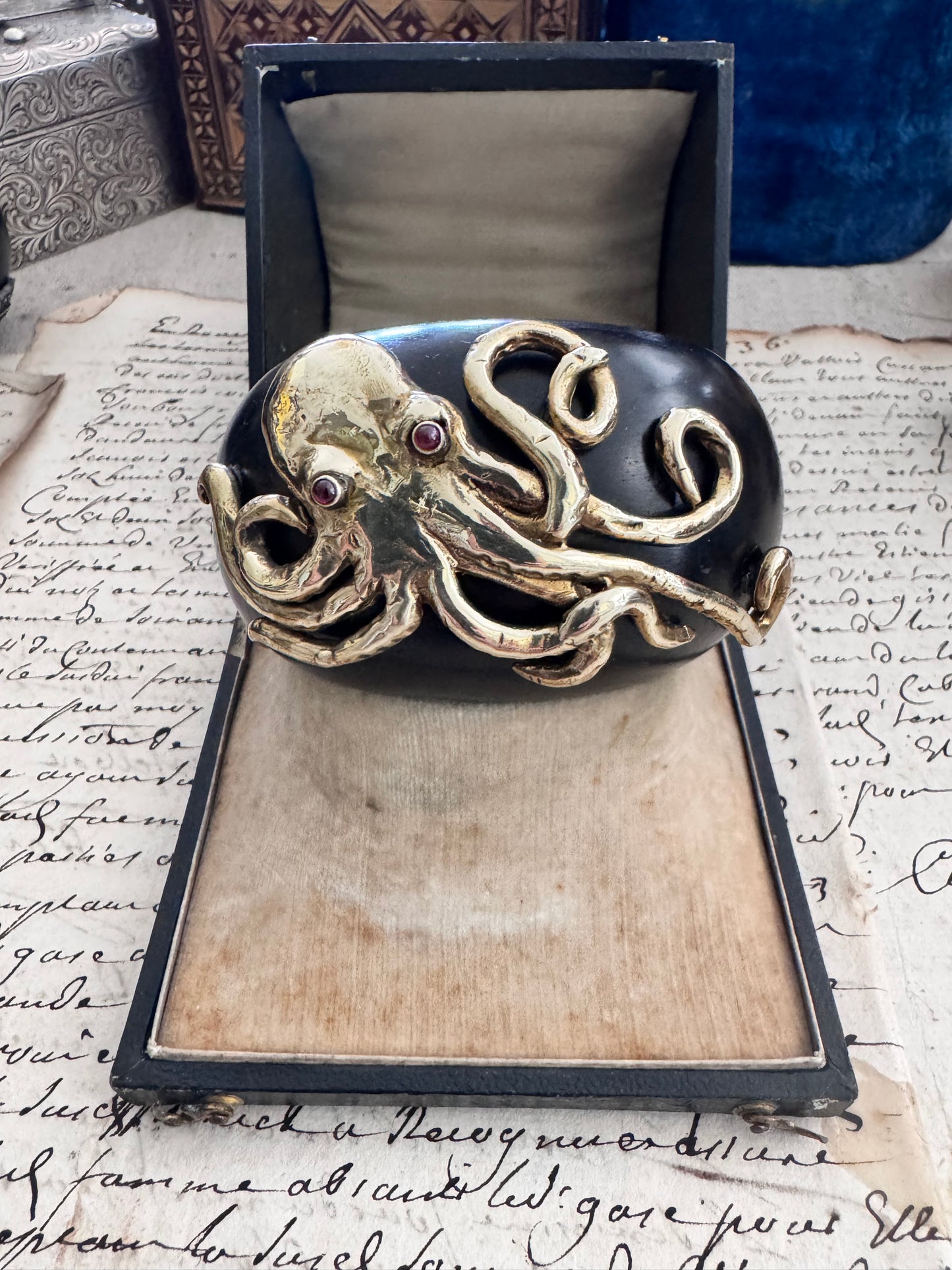 JKC Ebony and Bronze Octopus Cuff with Ruby Eyes