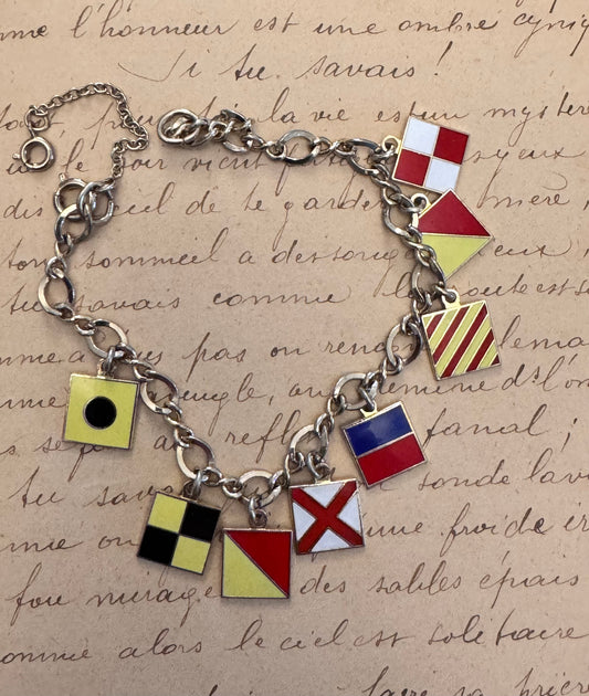 Vintage Gold Filled and Enamel Nautical Flag Charm Bracelet “I LOVE YOU”