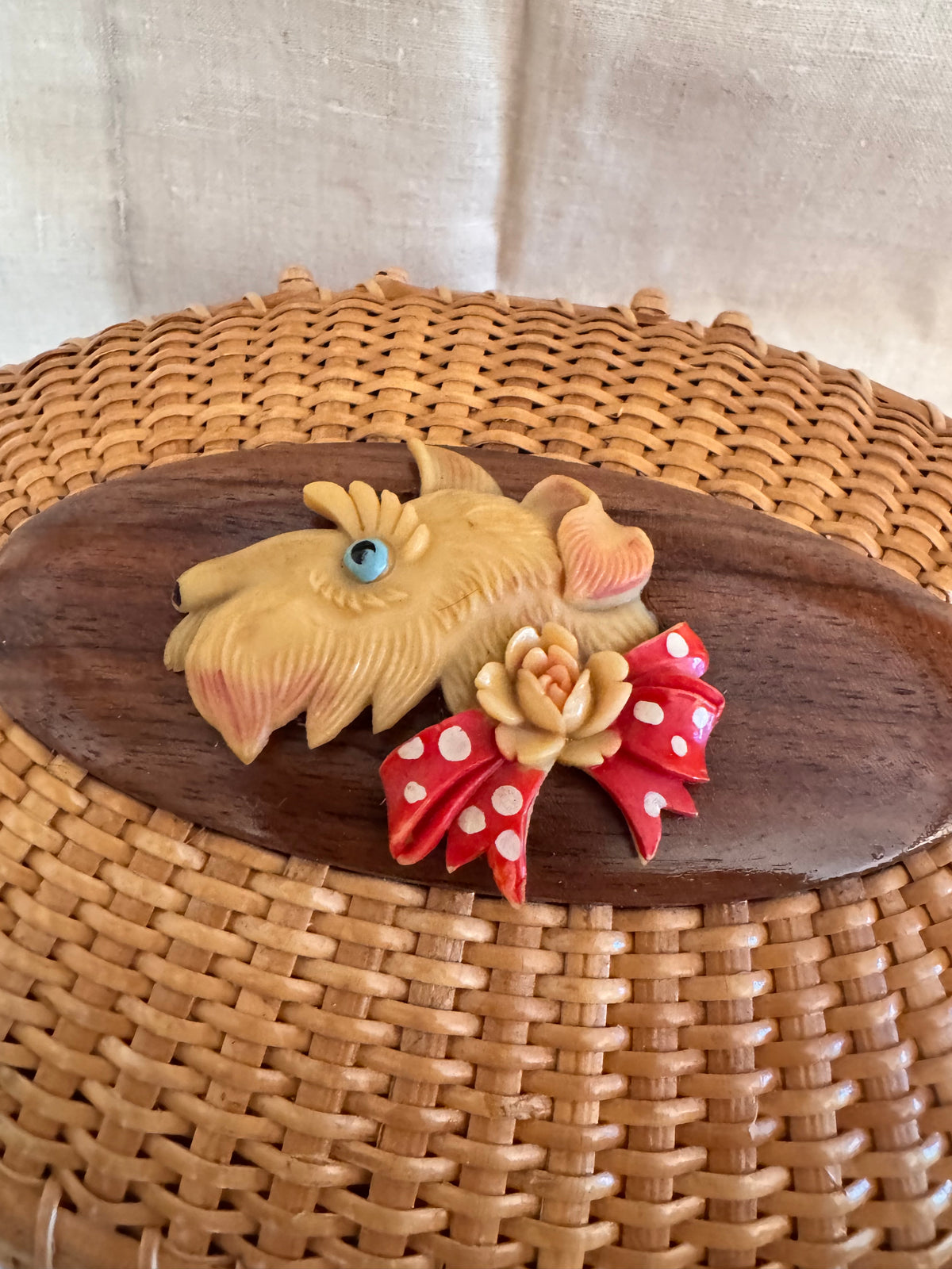 Large Oval Basket with Repurposed Vintage Celluloid Scotty Pin