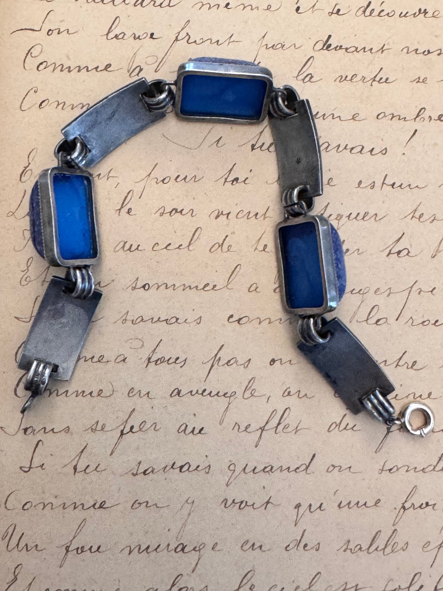 Sterling Deco Rectangular Opaque Blue Glass and Enamel Bracelet