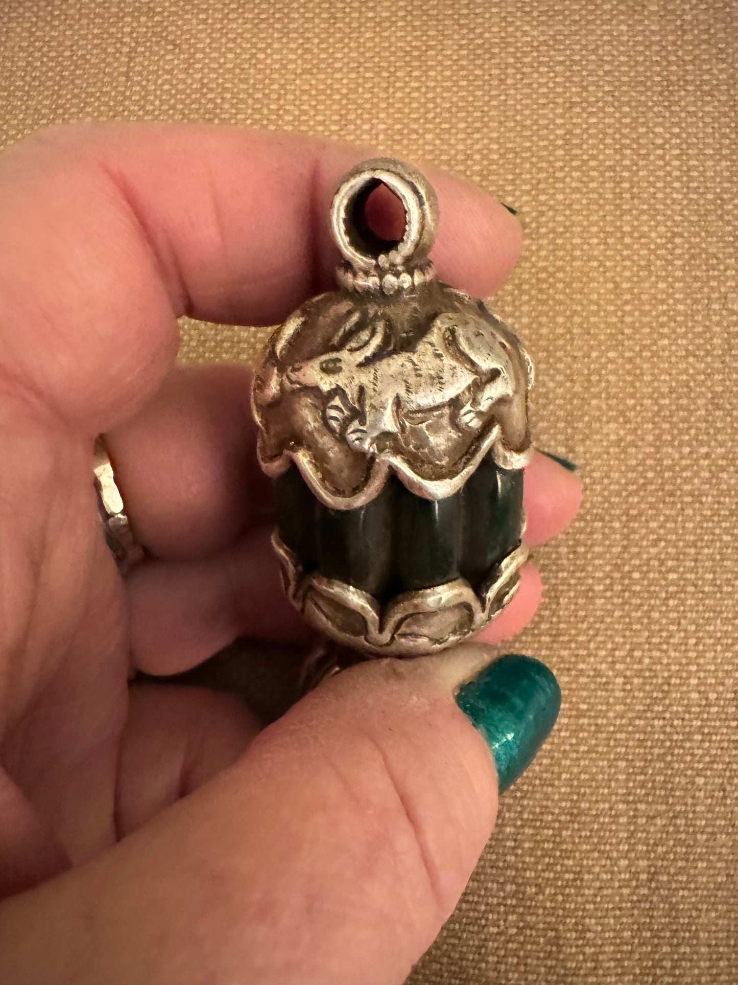Vintage Tibetan Silver Pendant with Green Stone