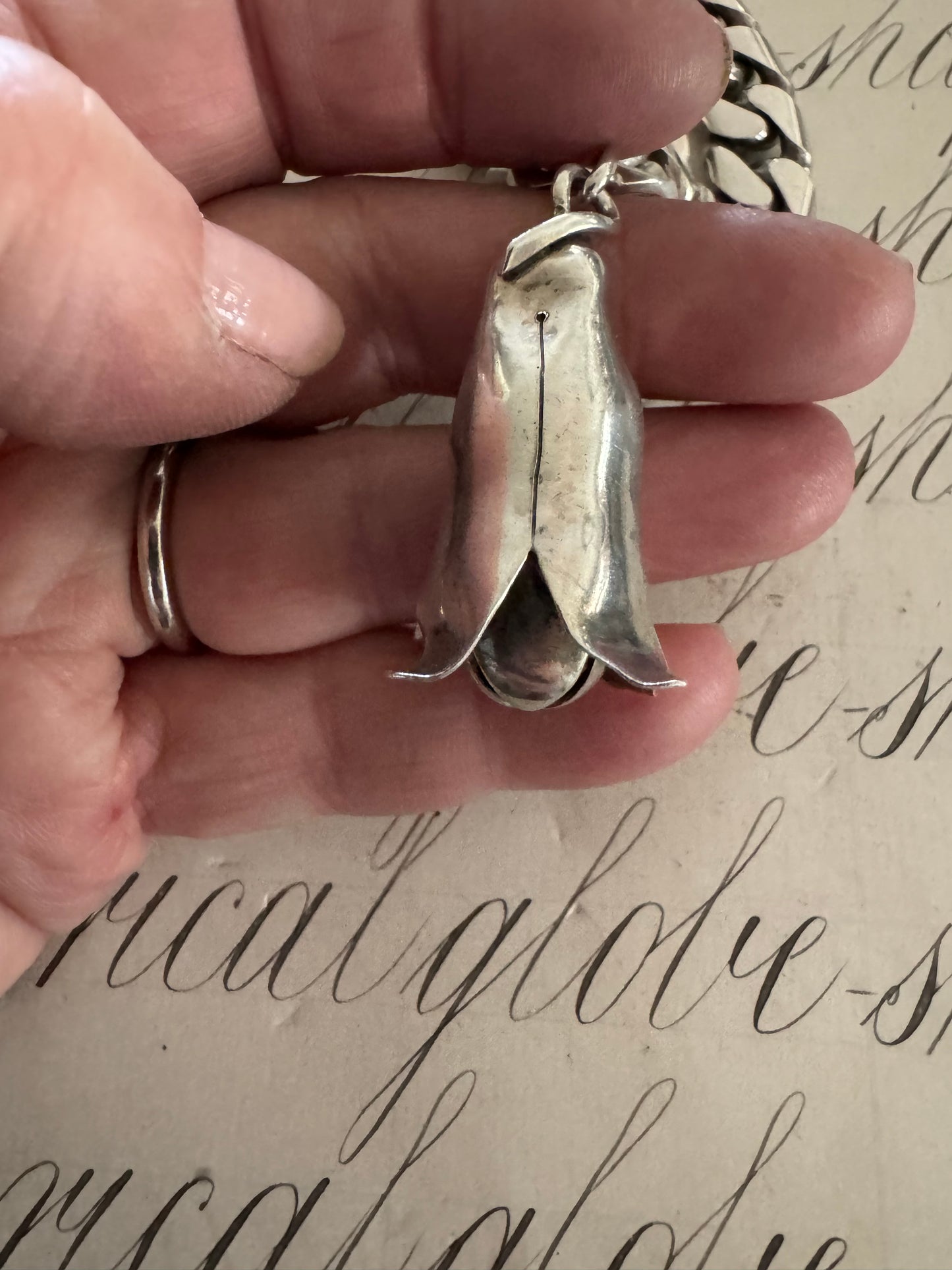gorgeous vintage old pawn solid silver Native American curb chain bracelet with squash blossom charm