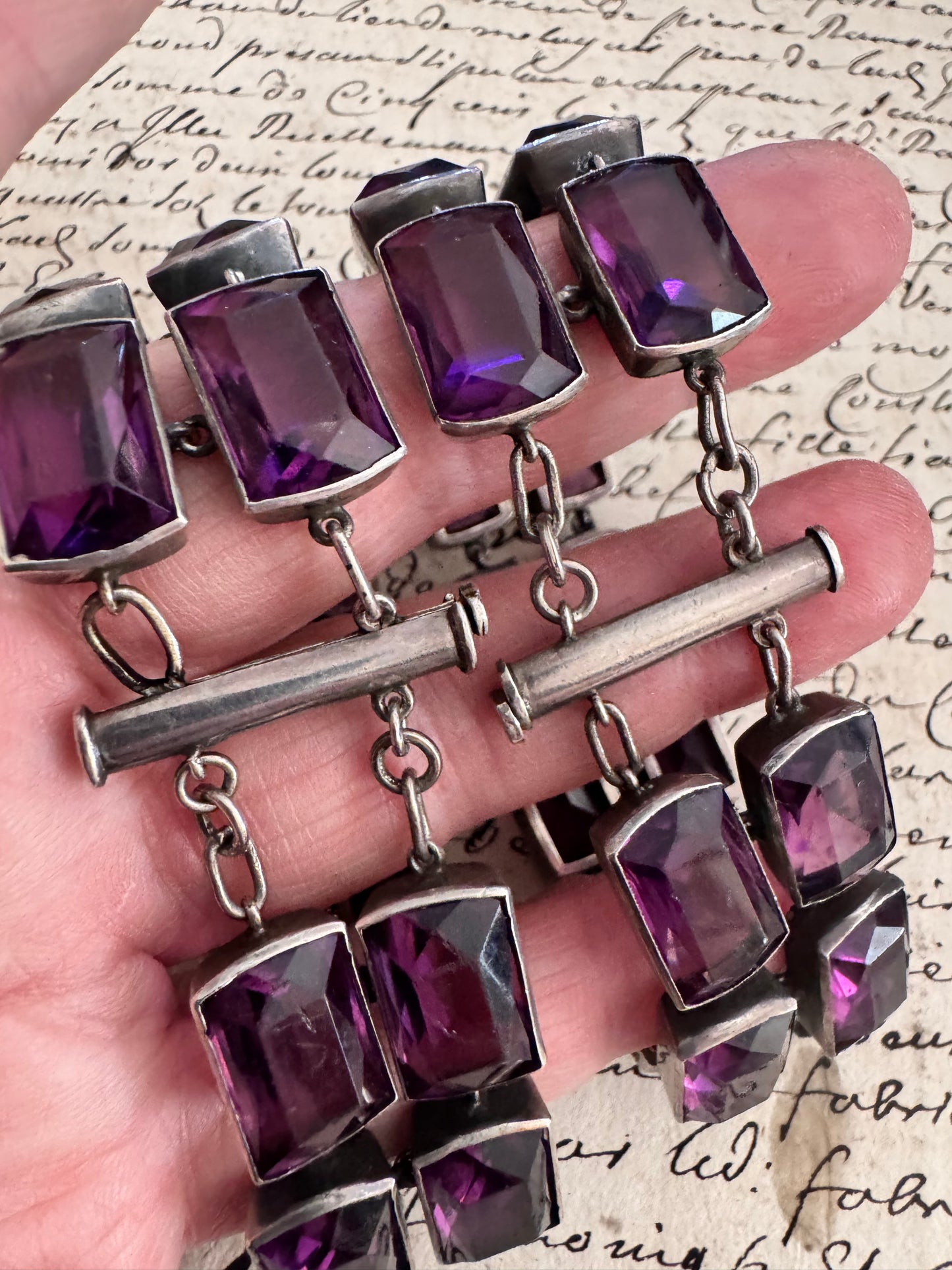 Two Deco Amethyst Glass and Sterling Bracelets