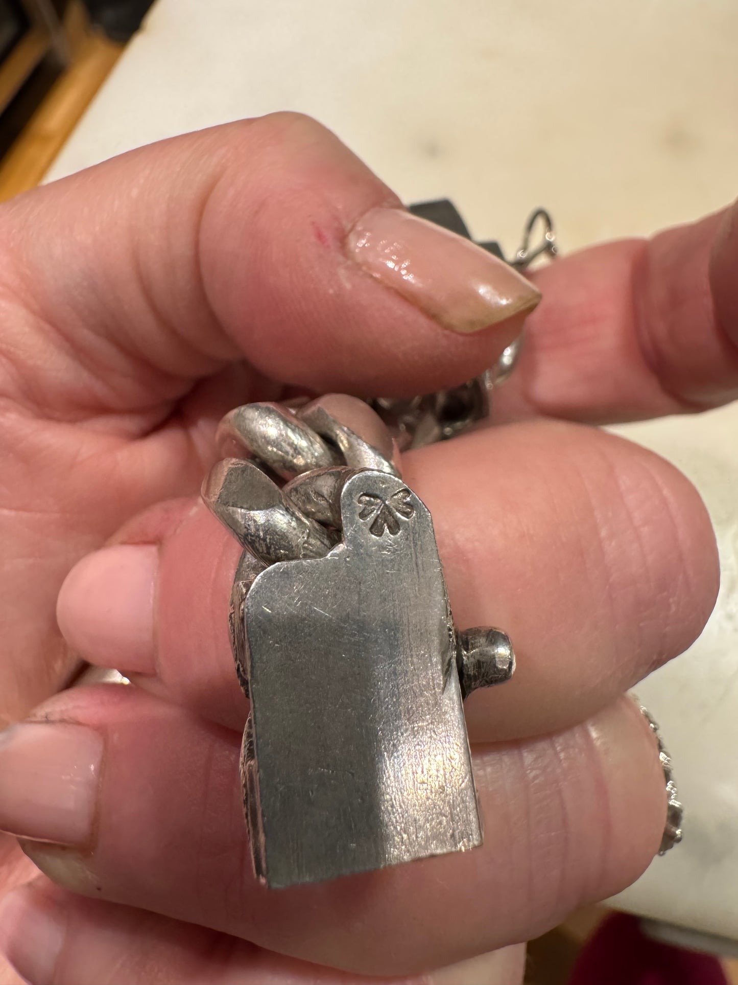 gorgeous vintage old pawn solid silver Native American curb chain bracelet with squash blossom charm
