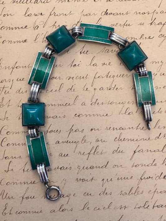 Sterling Deco Opaque Green Glass and Enamel Bracelet