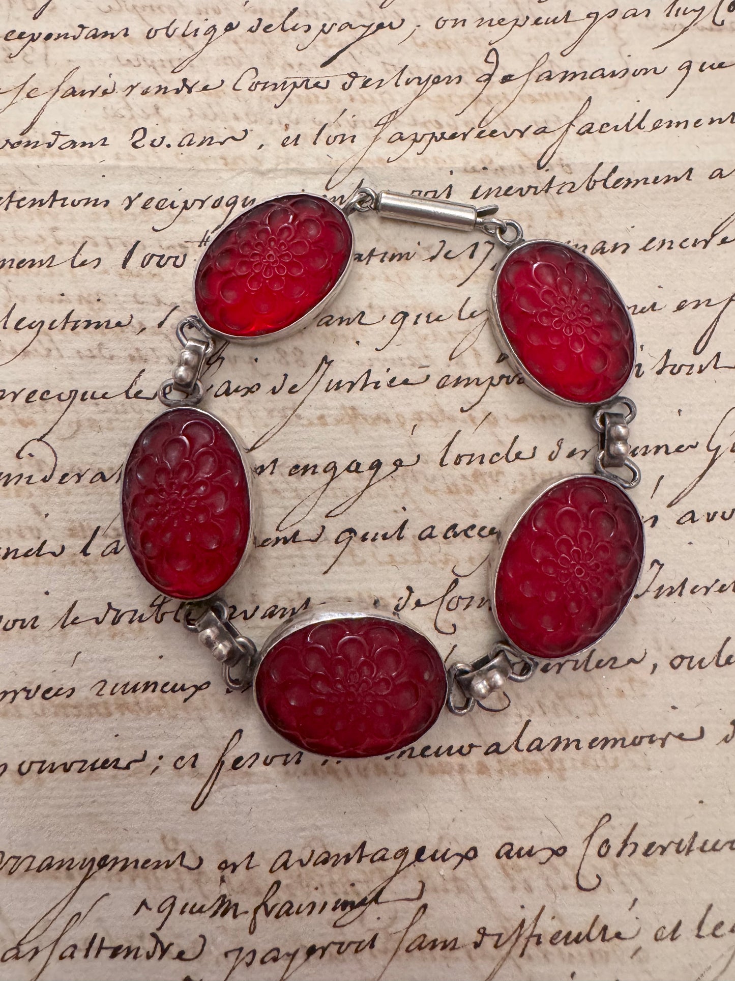 Beautiful Vintage silver bracelet with red poured glass floral cabochons