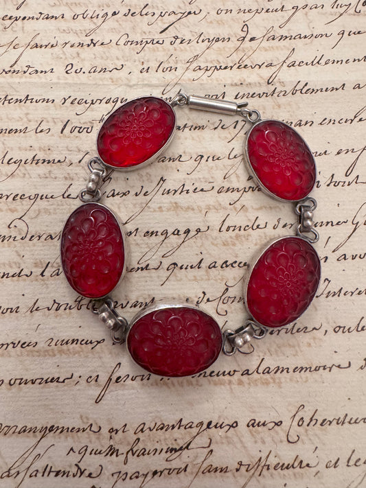 Beautiful Vintage silver bracelet with red poured glass floral cabochons