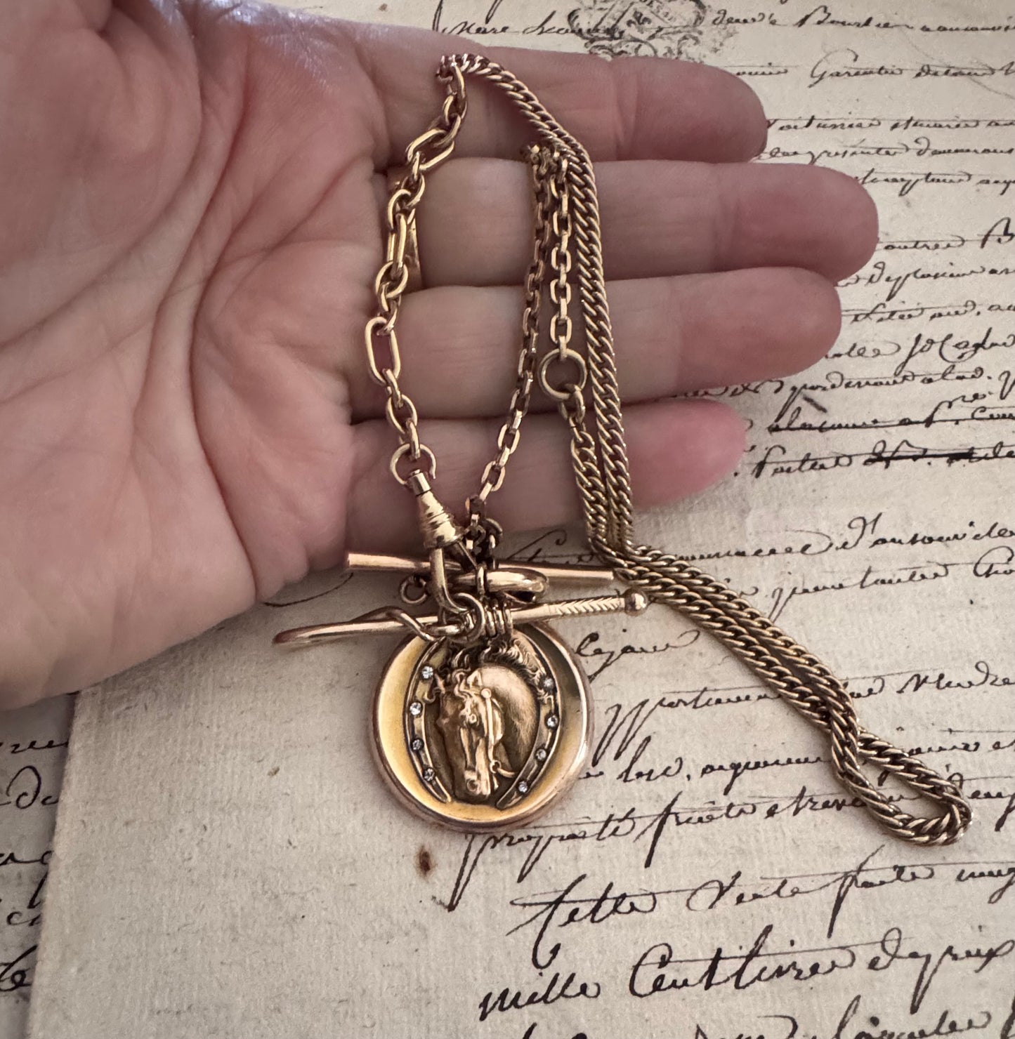 Gold Filled Watch Chain Necklace with Locket and Crop Charm