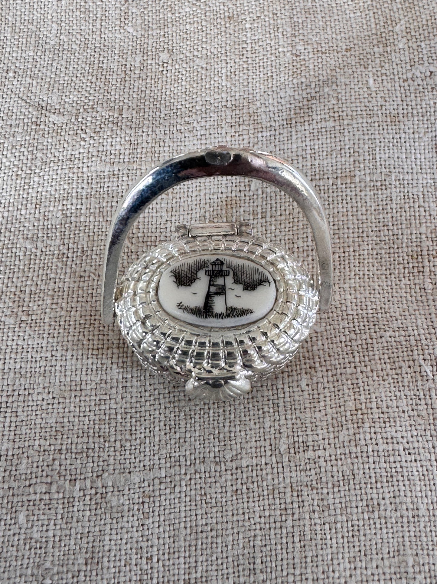 Miniature Silver Plated Nantucket Basket with Lighthouse
