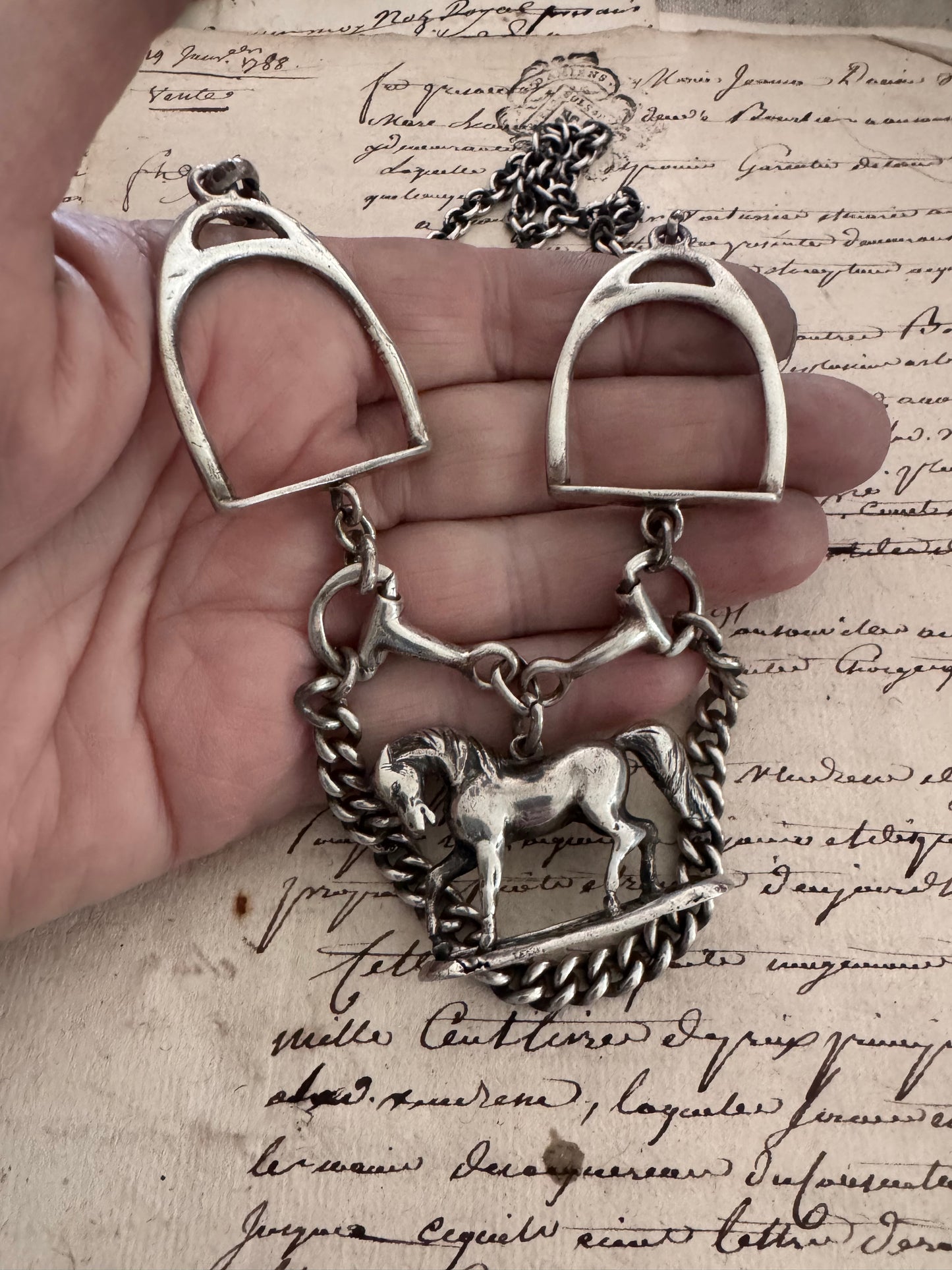 Silver Equestrian Necklace with Horse and Tack