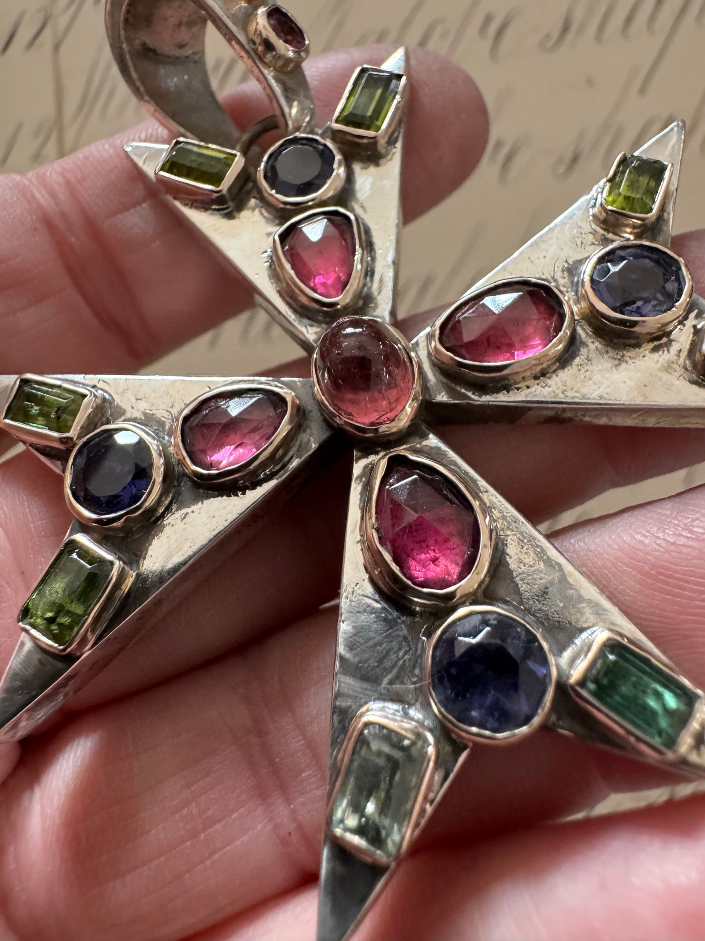 Gorgeous Vintage Sterling and 14k Gold Maltese Cross with Tourmalines