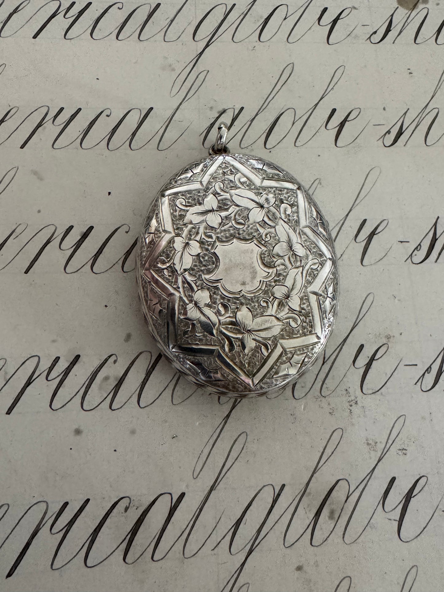 Gorgeous English Victorian Sterling Locket Star and Floral Motif Engraving
