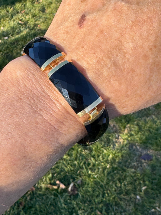 Elegant Wide Onyx and 14k Gold Faceted Bracelet