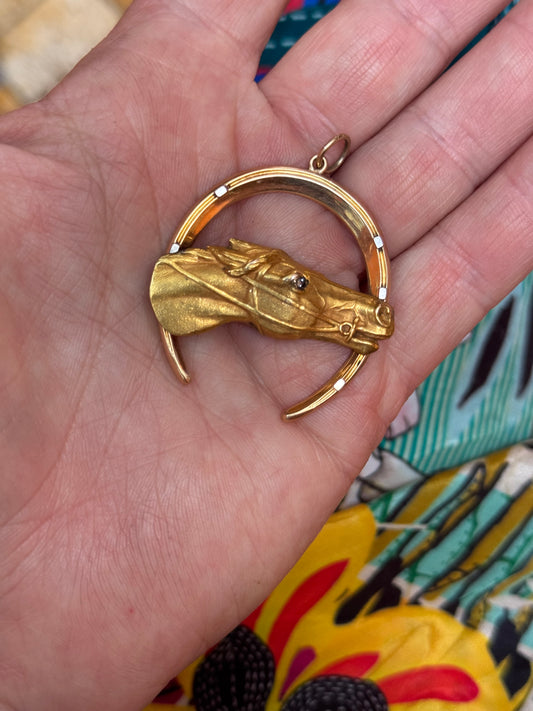 14k Gold Horse and Horseshoe Pendant