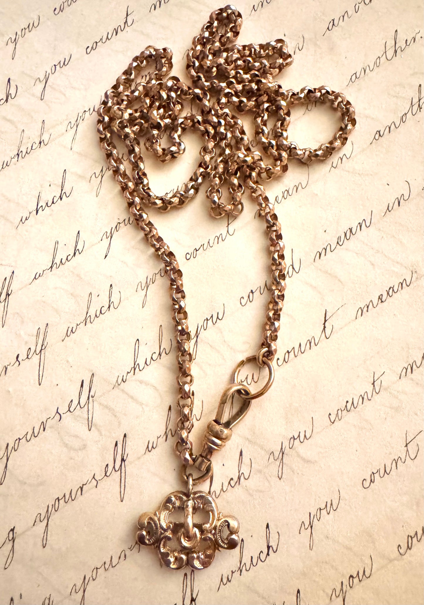 Heavy Antique Rolled Gold Long Guard Chain with Miniature Buckle