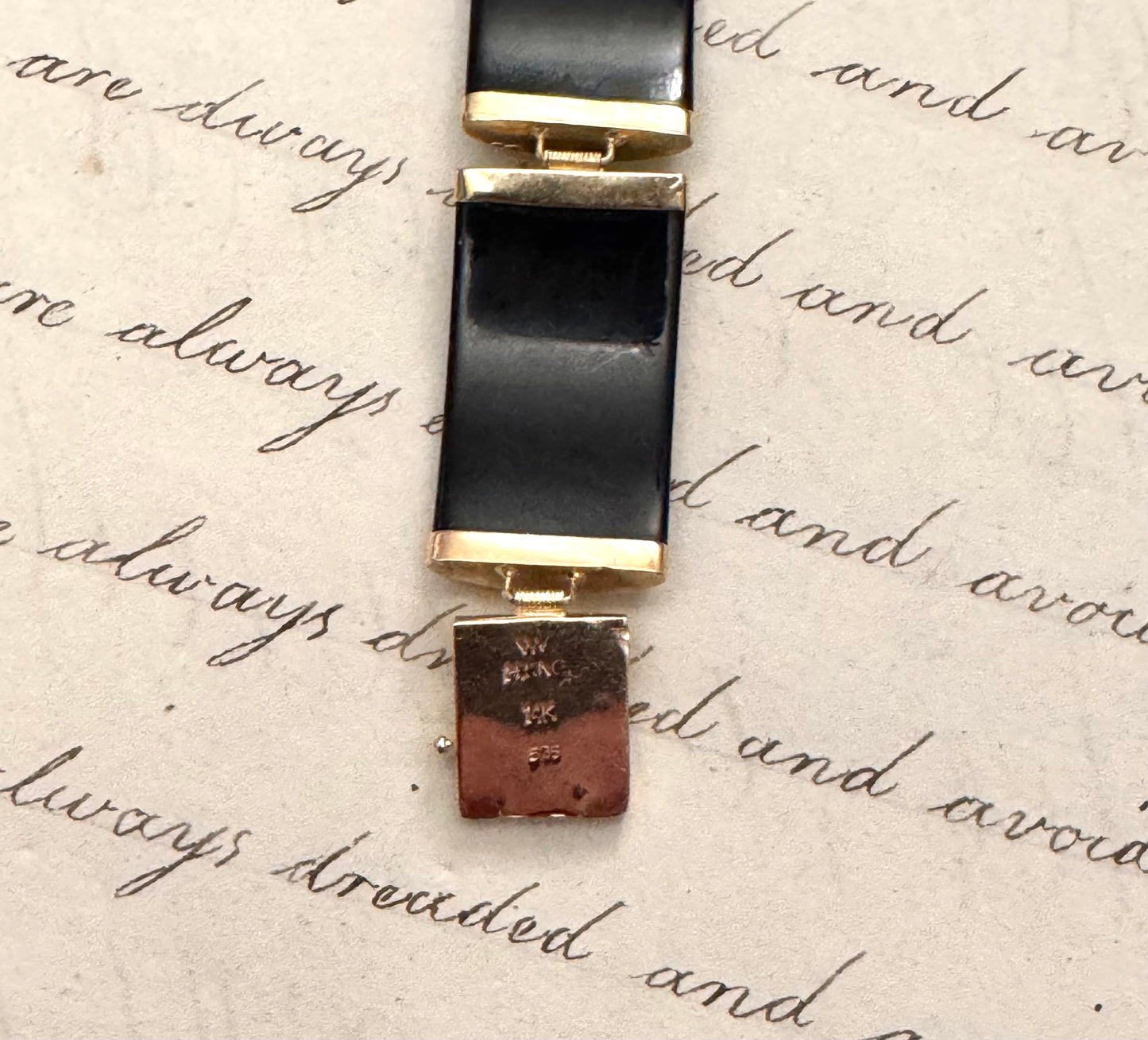 Elegant Wide Onyx and 14k Gold Faceted Bracelet
