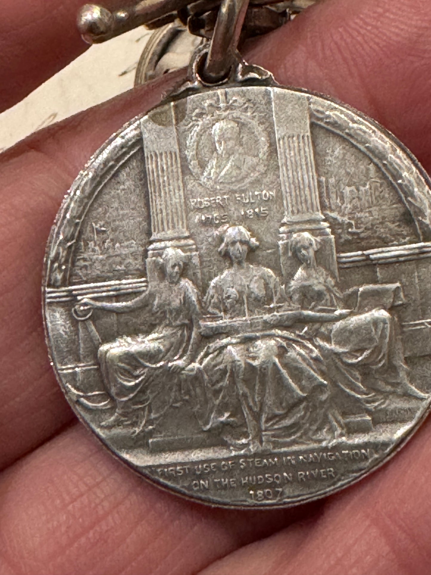 very old silver plated watch chain with fob and rare silver Henry Hudson medallion