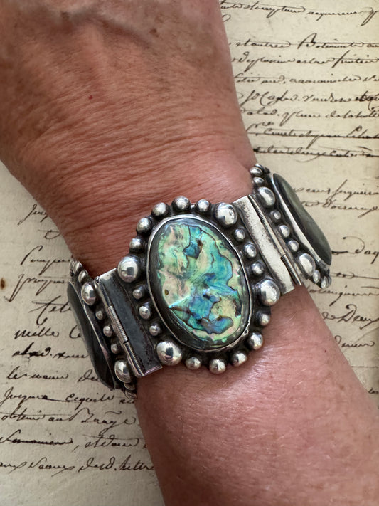 Huge Vintage Sterling Mexican Bracelet with Abalone