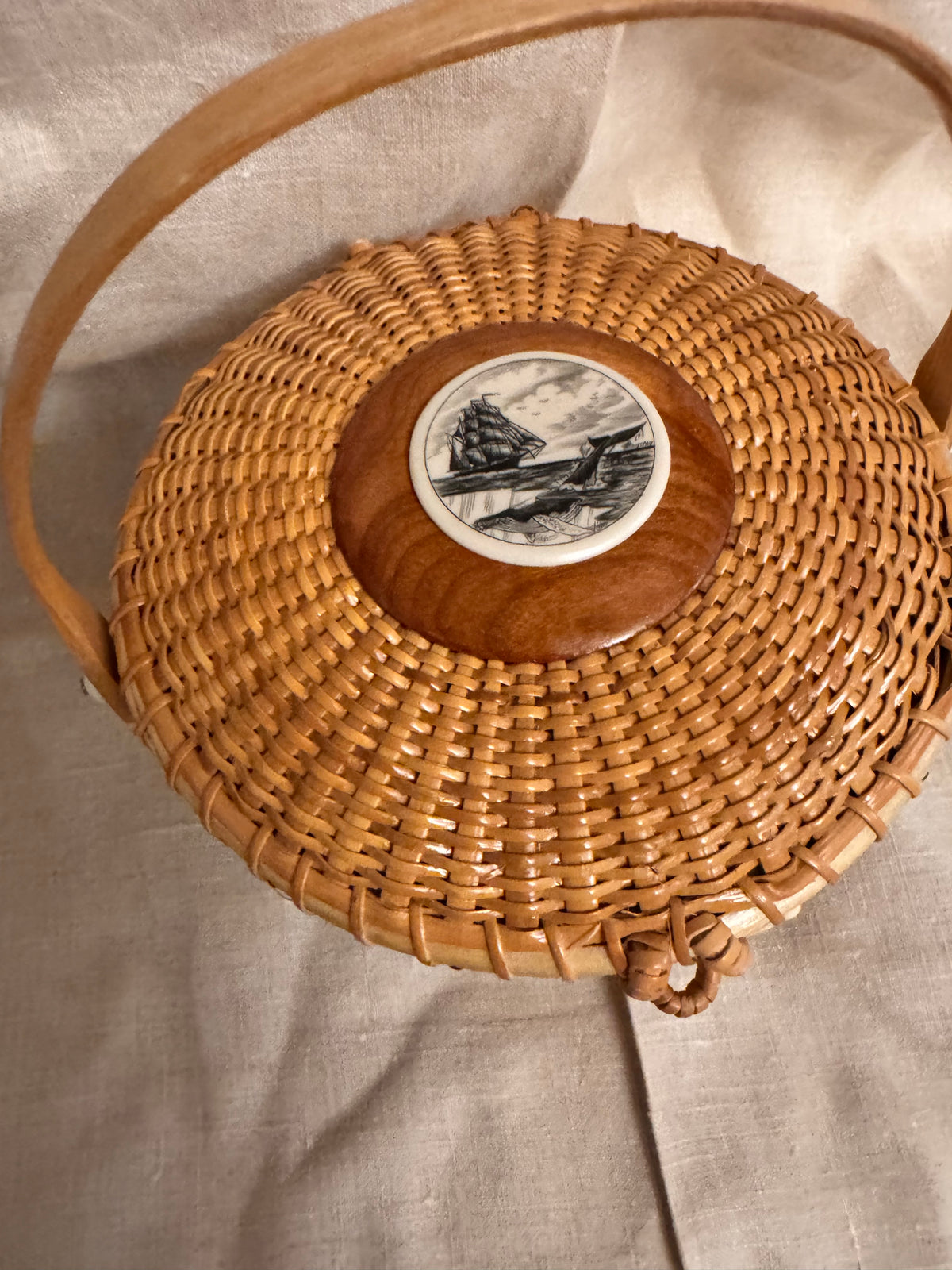 Medium Round Basket with Scrimshaw Whaling Scene