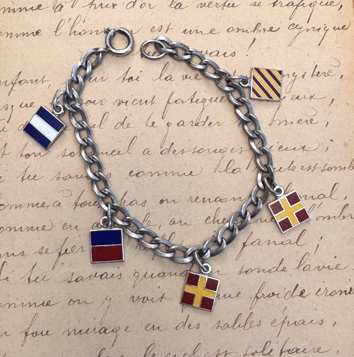 Vintage Sterling and Enamel Nautical Flag Charm Bracelet “JERRY”