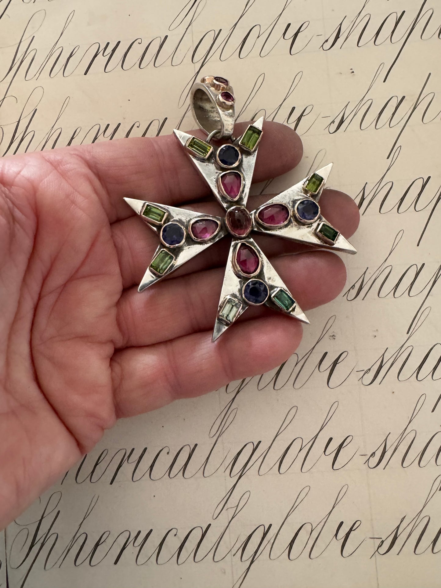 Gorgeous Vintage Sterling and 14k Gold Maltese Cross with Tourmalines