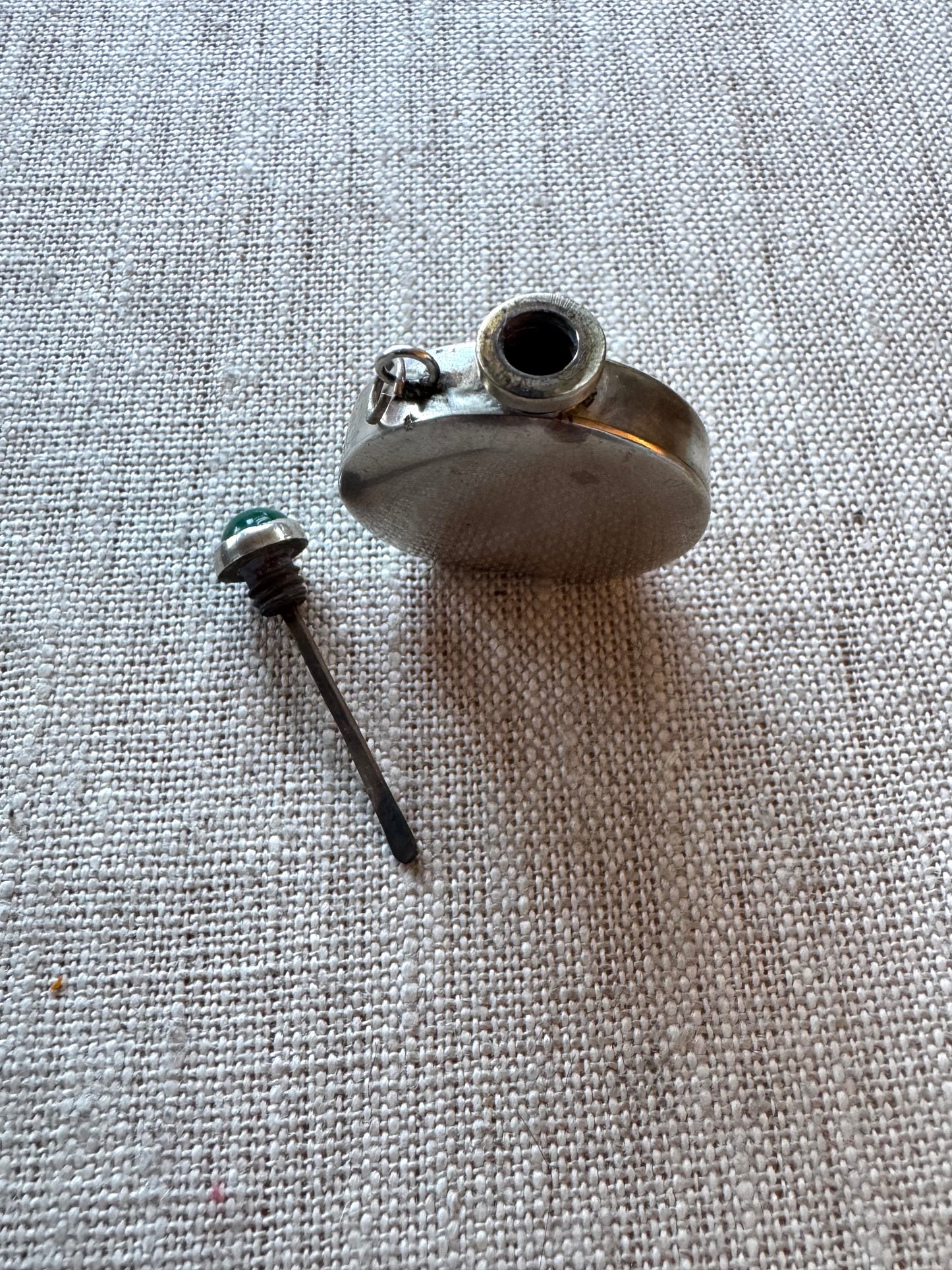 Beautiful Simple Sterling Perfume Bottle with Green Round Shaped Cabochon Stone in Lid