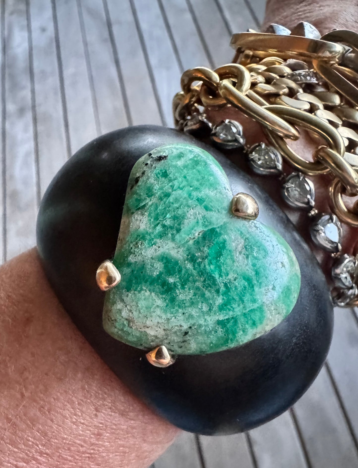 JKC Ebony Cuff with Large Emerald Heart