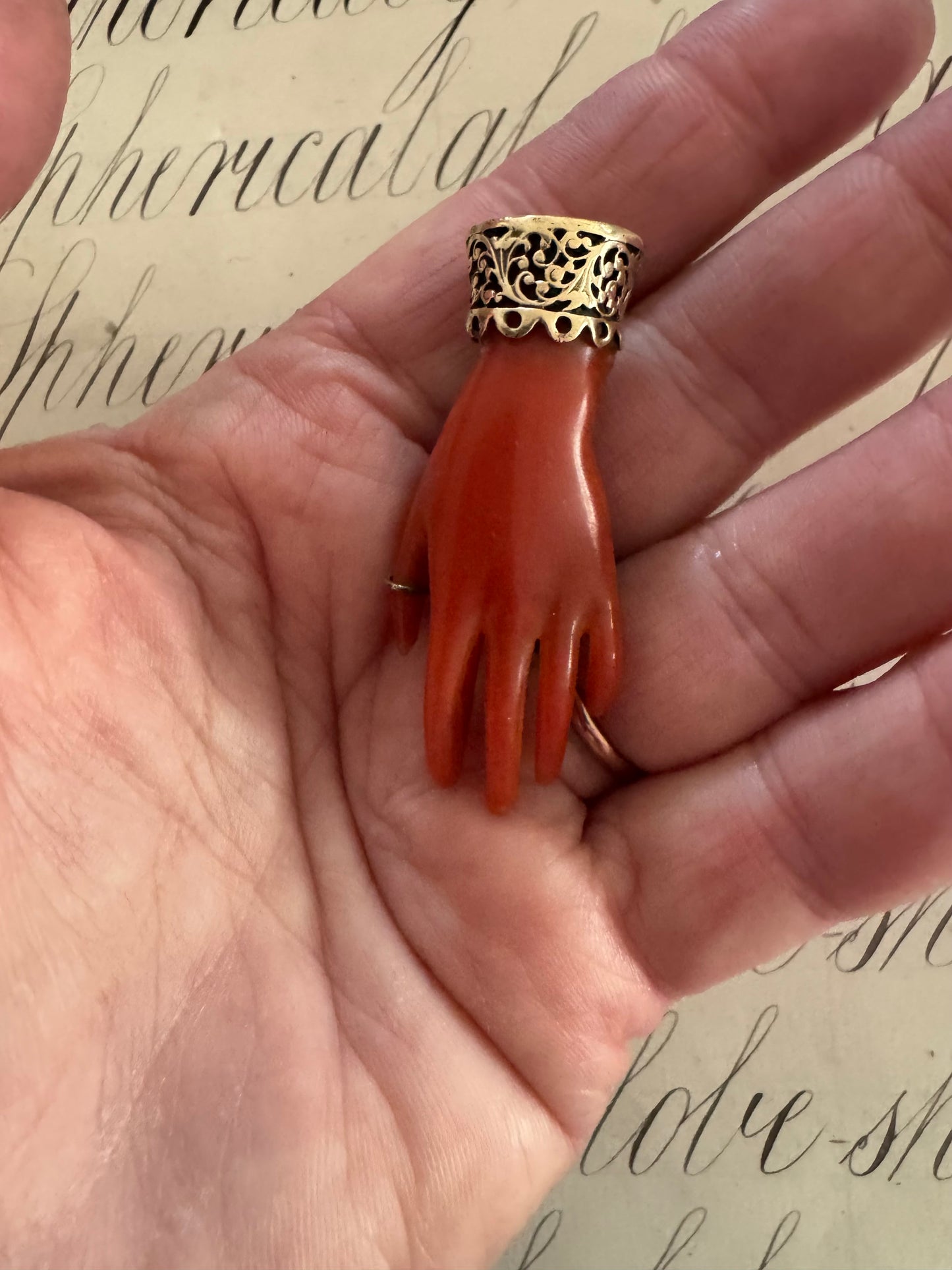 Beautiful large antique celluloid hand pin with ornate cuff