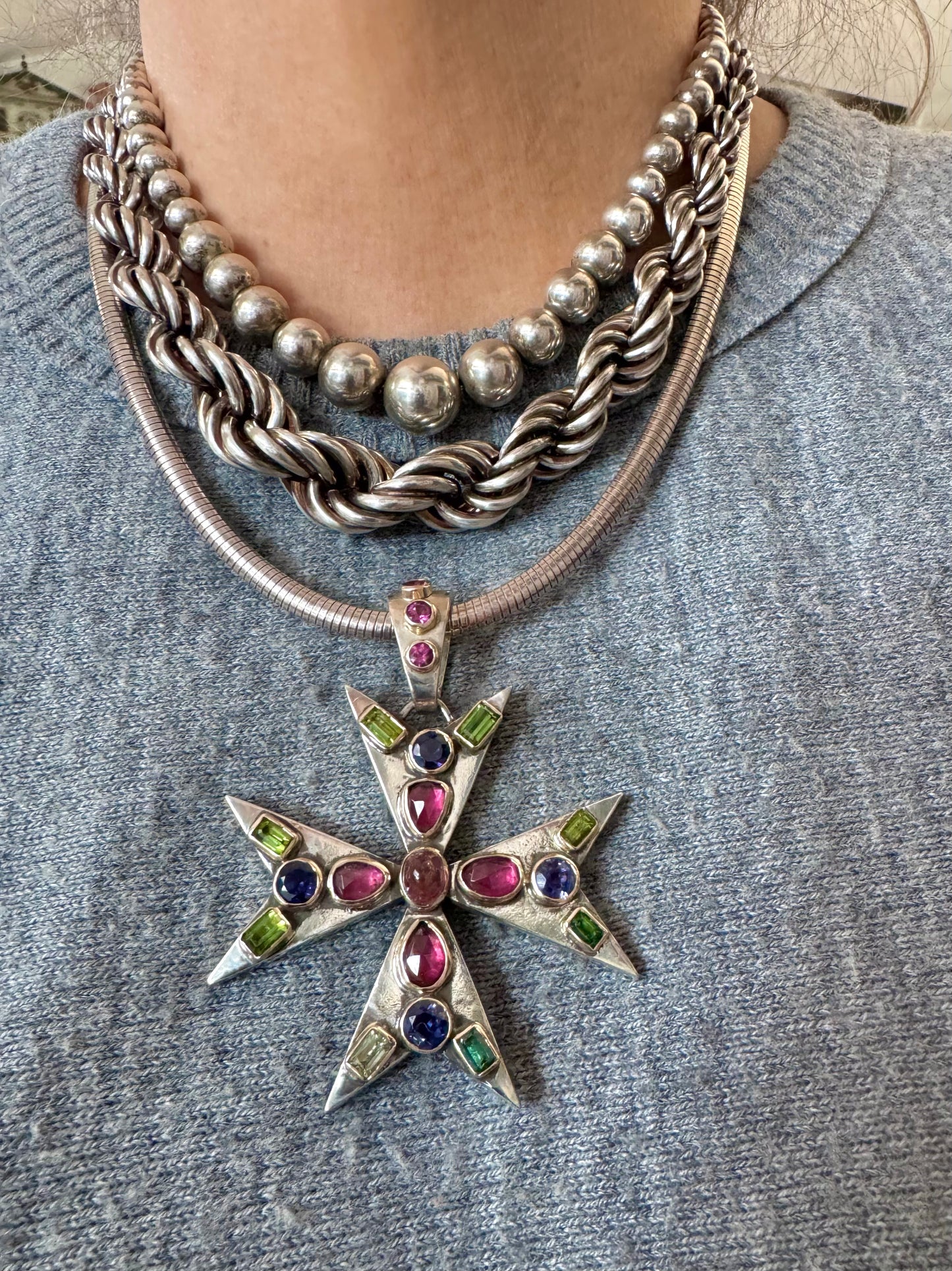Gorgeous Vintage Sterling and 14k Gold Maltese Cross with Tourmalines