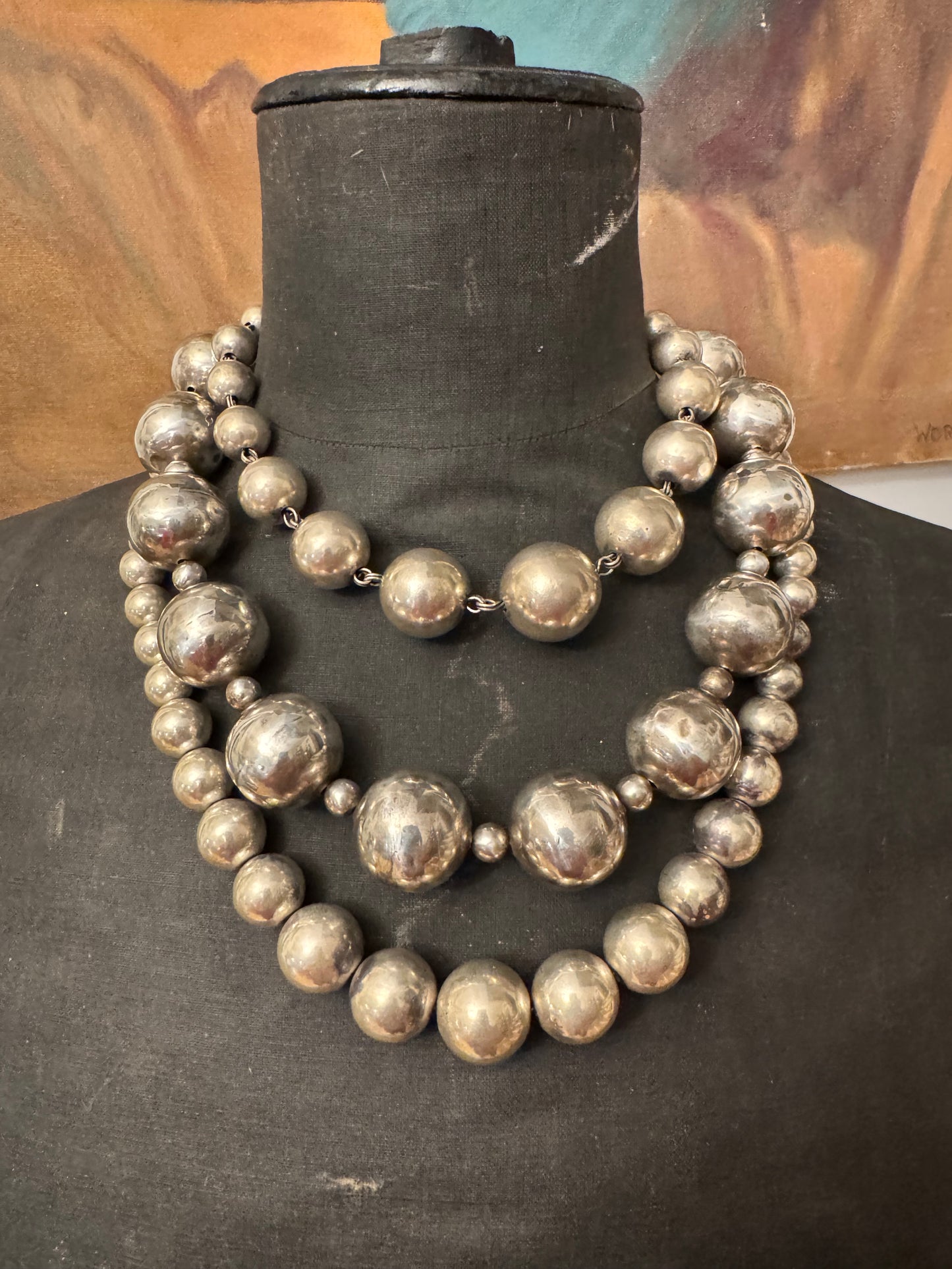 Heavy Vintage Sterling Graduate Linked Ball Bead Necklace