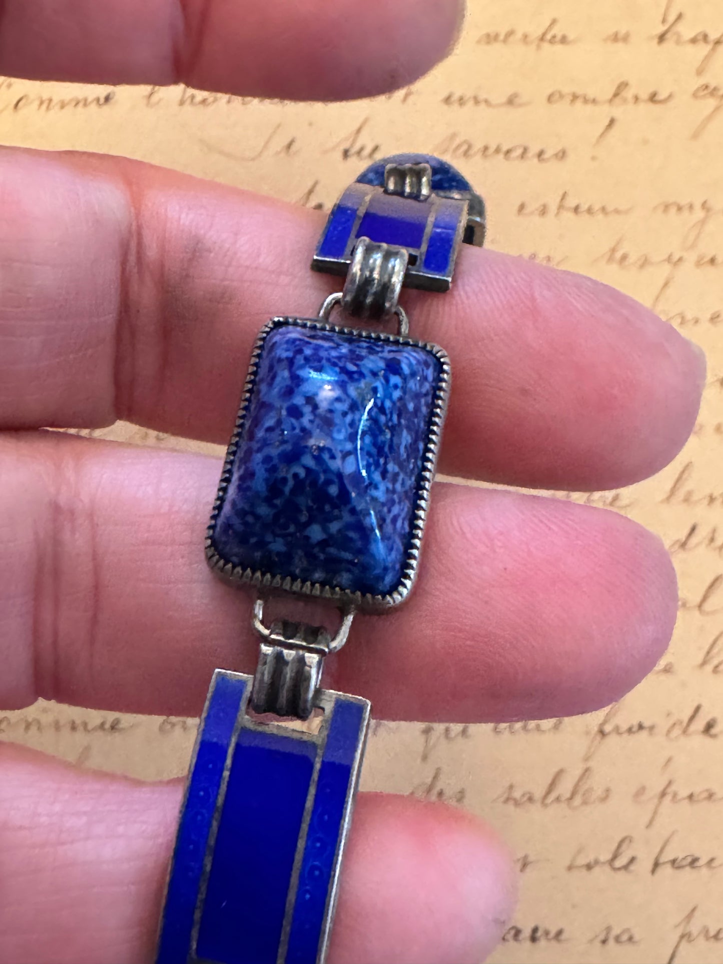 Sterling Deco Rectangular Opaque Blue Glass and Enamel Bracelet
