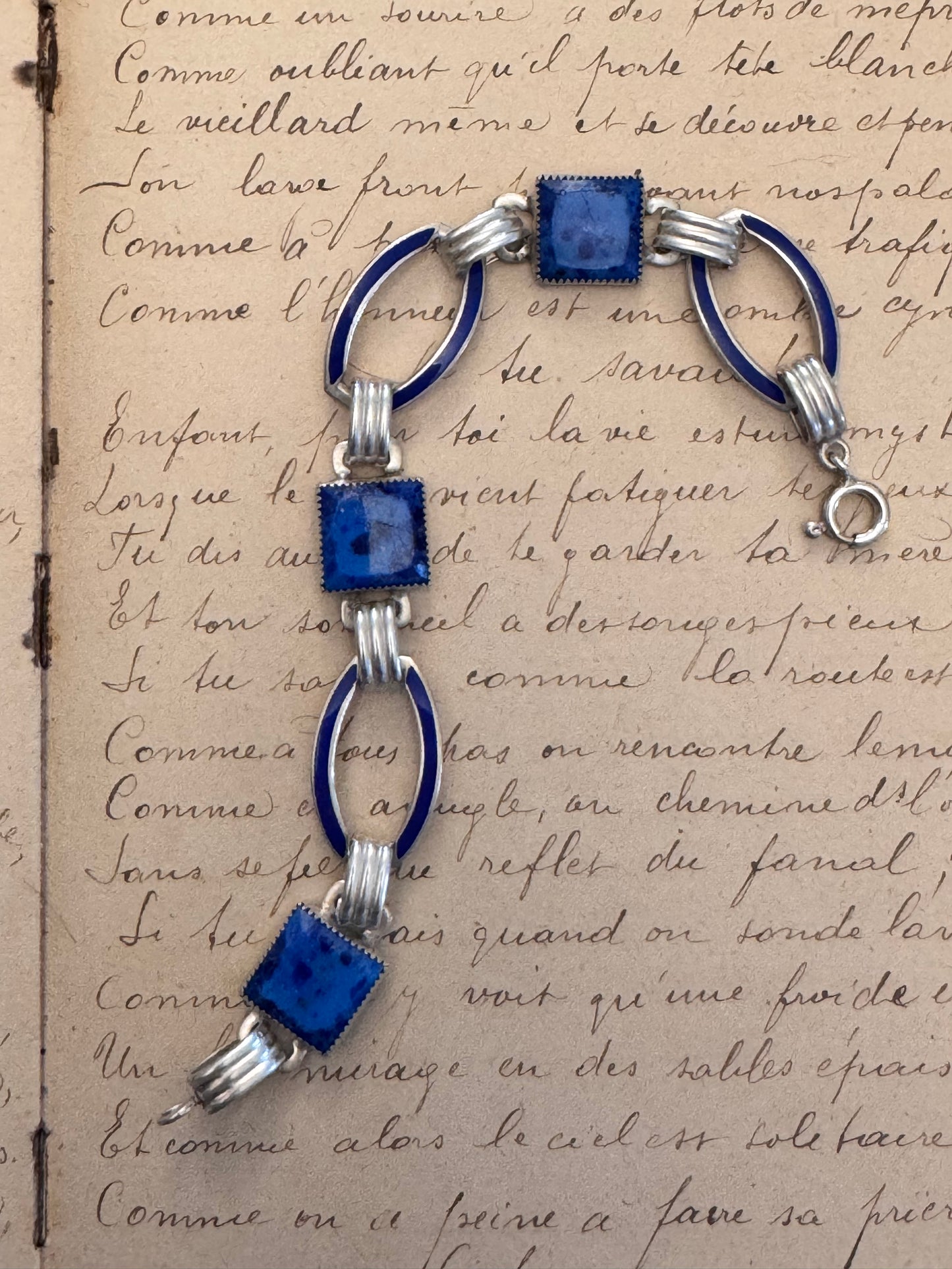 Sterling Deco Opaque Square Blue Glass and Enamel Bracelet