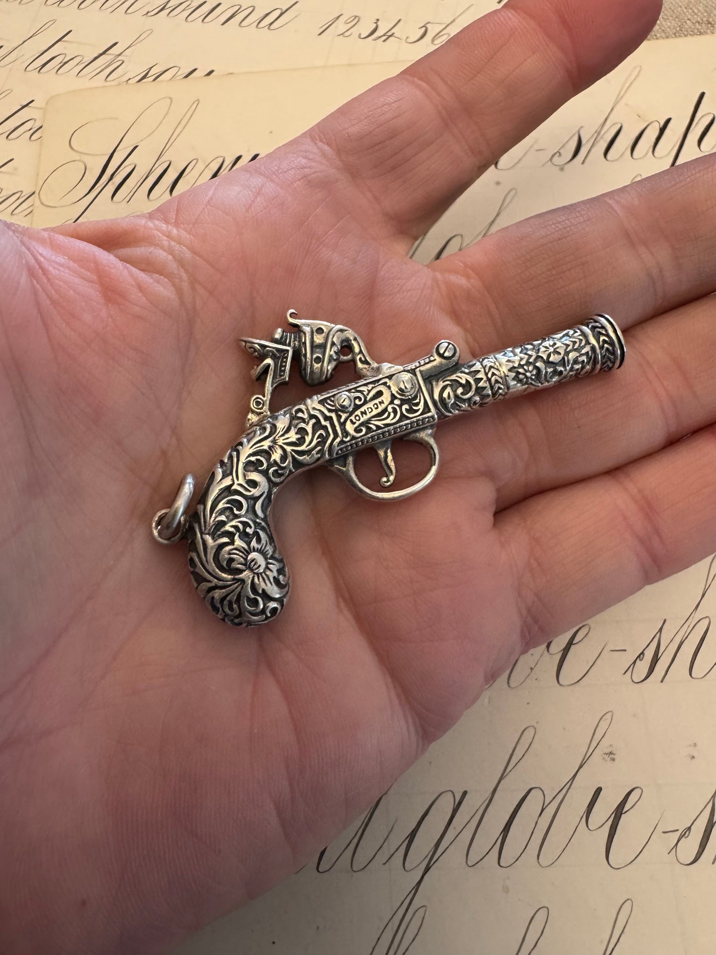 English Sterling Silver Embossed Flintlock Pistol Whistle