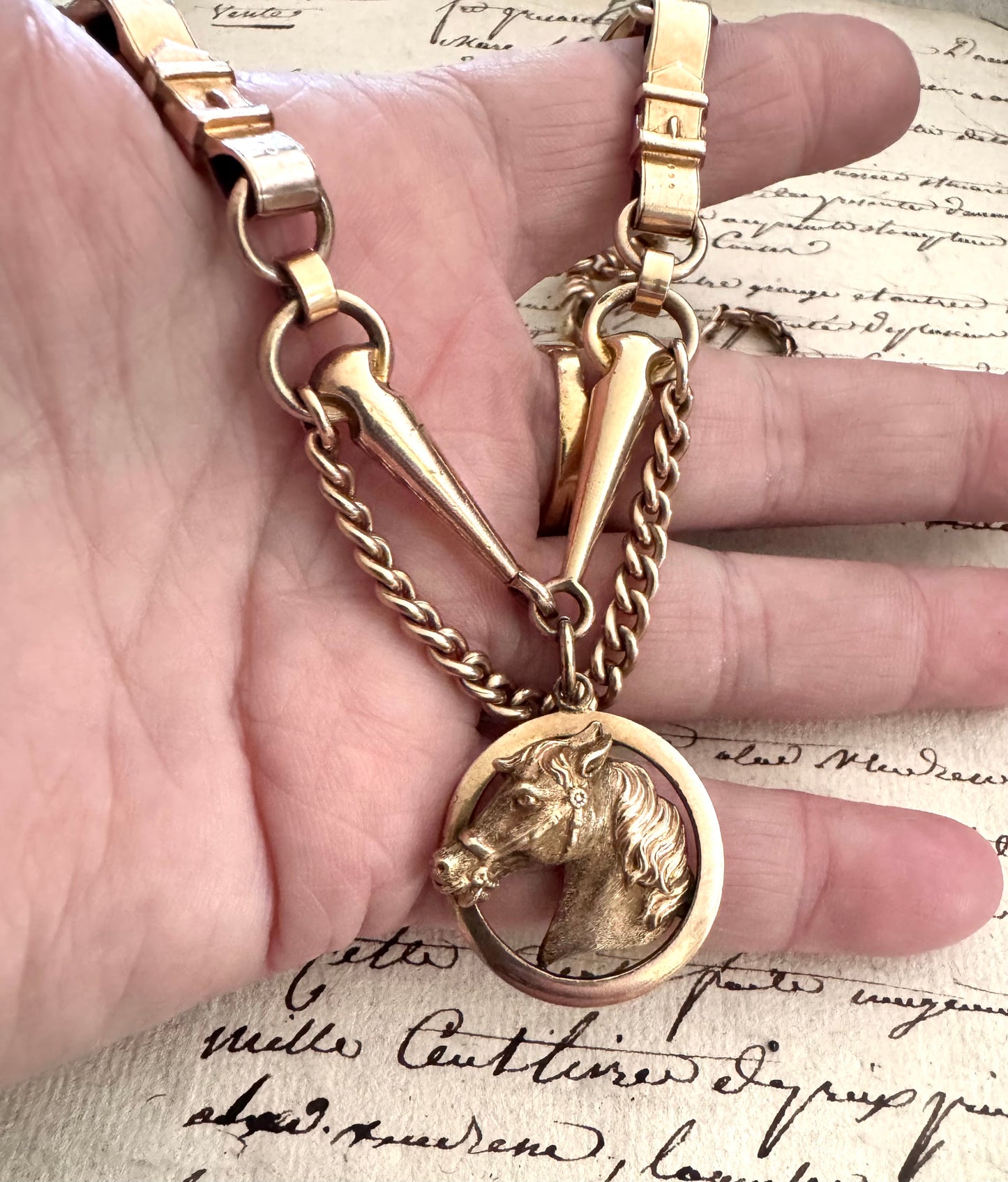 Victorian Gold Filled Equestrian Necklace with Horse Head, Horsebit and Tack