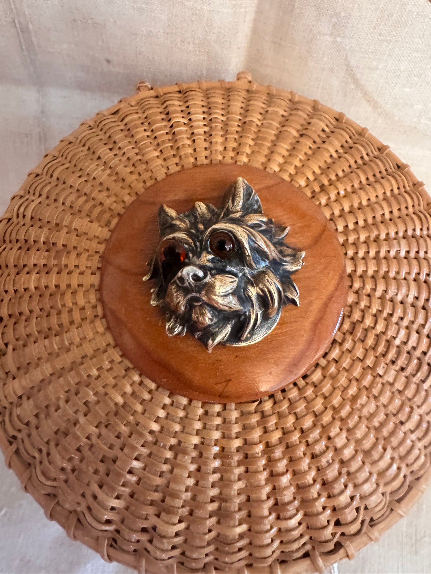 Medium Round Basket with Rare Victorian Plated Brass Terrier with Glass Eyes