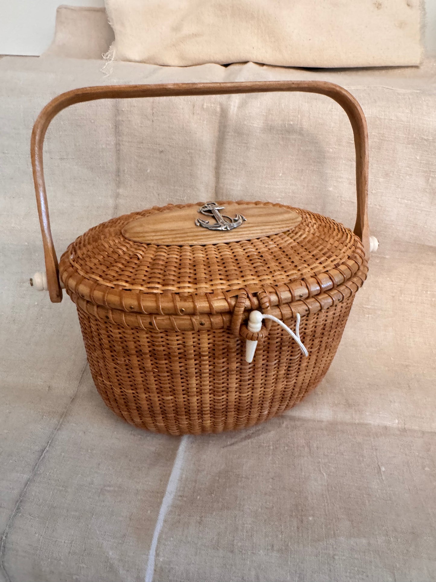 Large Oval Basket with Repurposed Vintage Sterling Silver Anchor Pin
