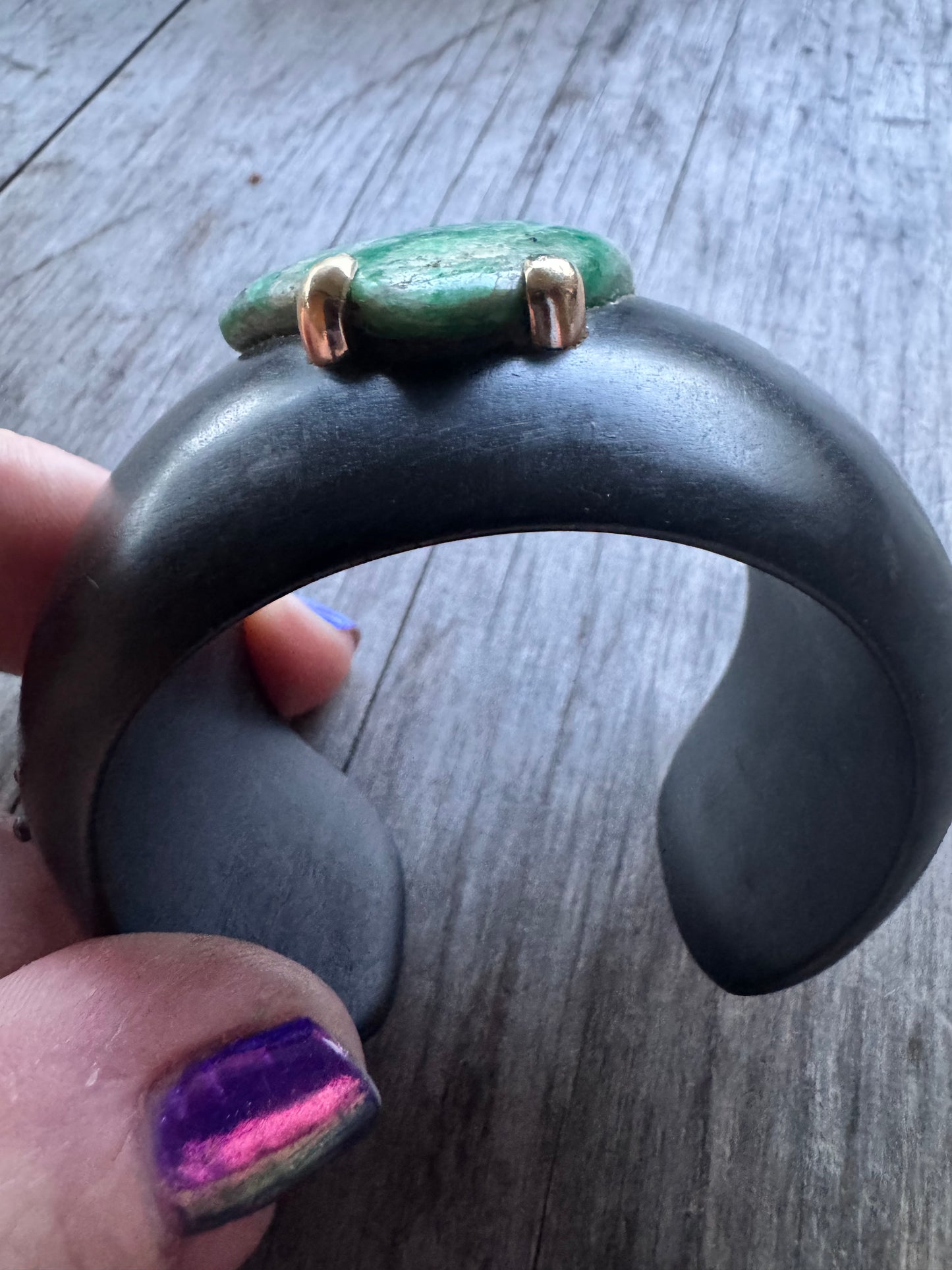 JKC Ebony Cuff with Large Emerald Heart