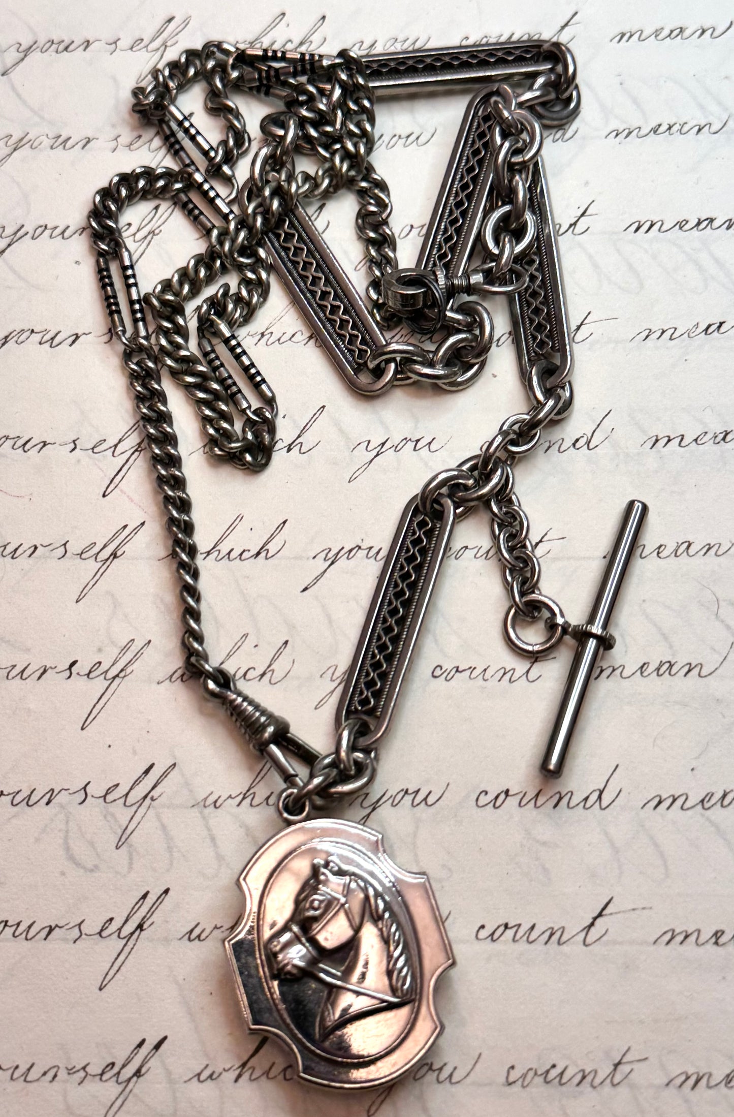 Long Chrome Watch Chain with Double Sided Horse Fob