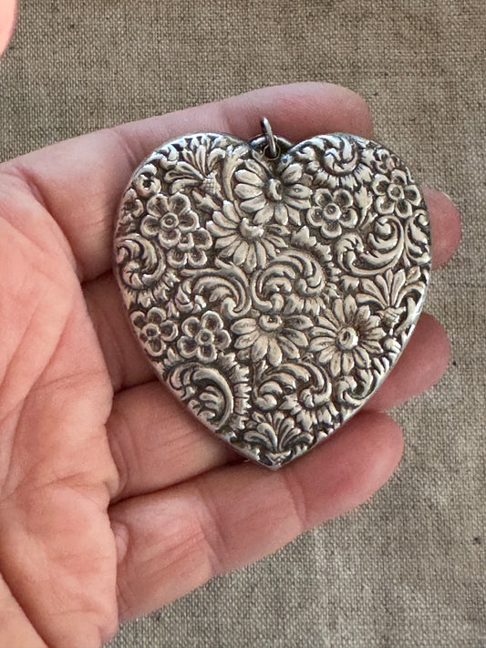 Huge Antique Double Sided Repoussé Heart Pendant