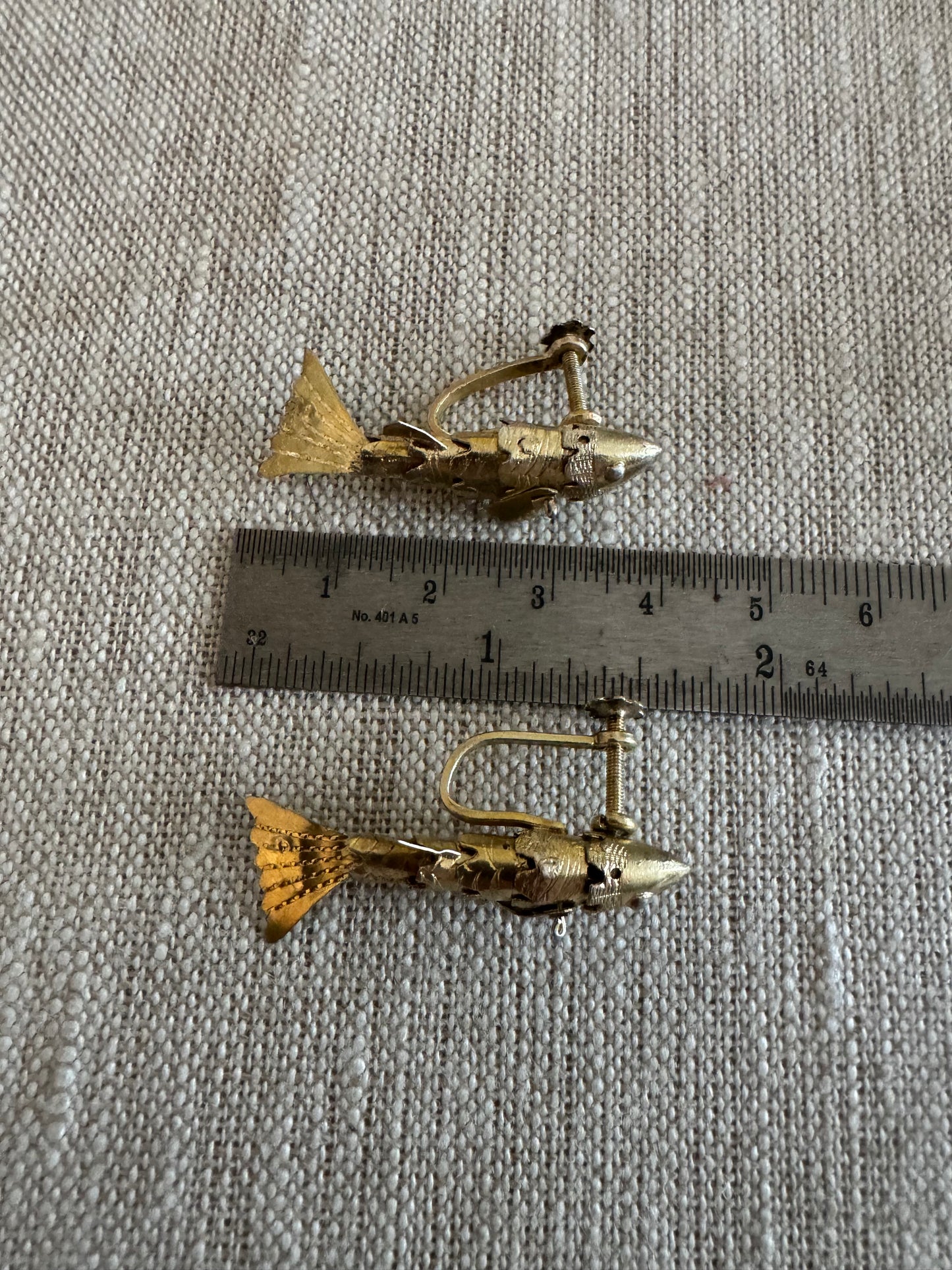 Amazing Pair of Gilt Sterling Articulated Fish Earrings
