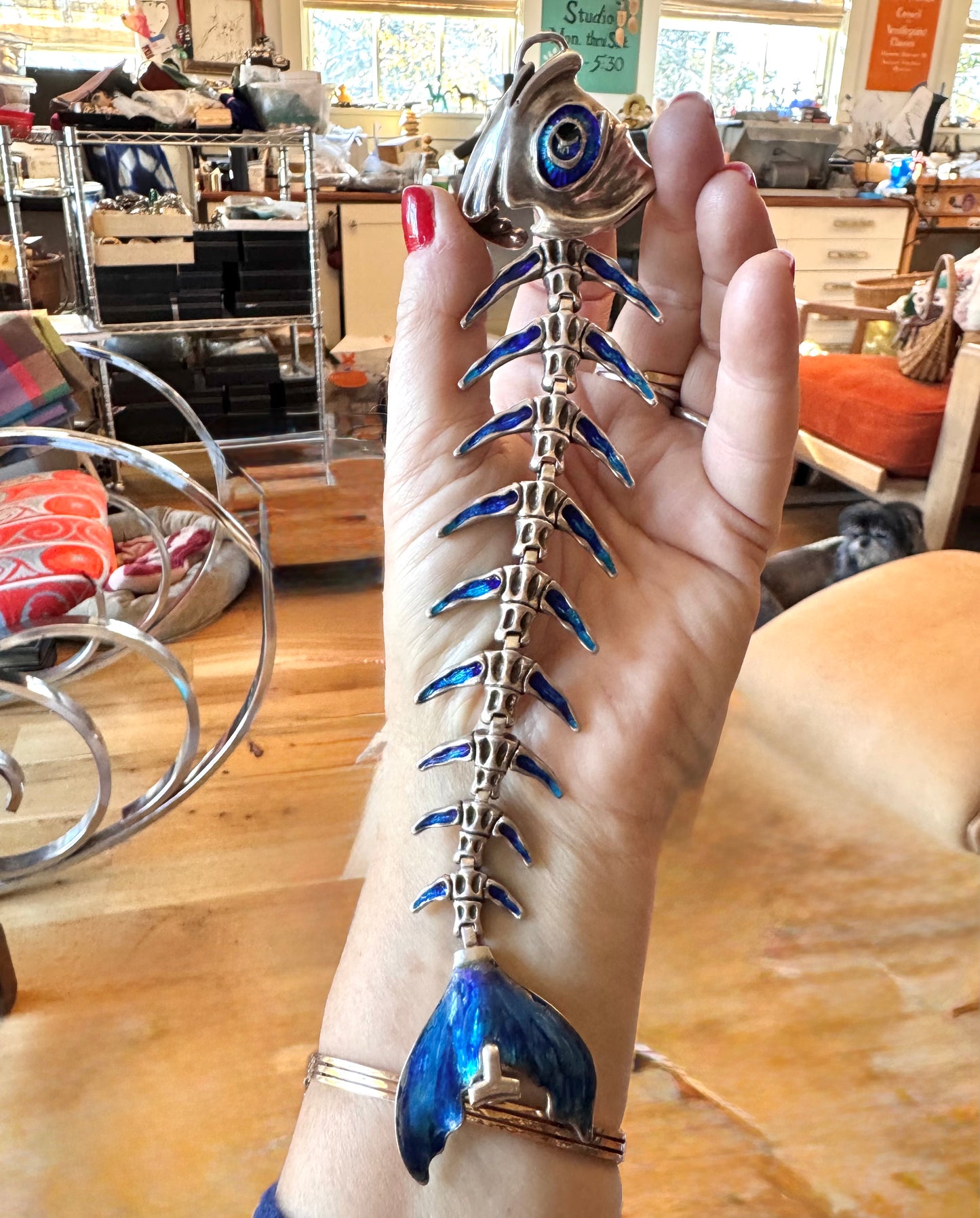 Spectacular Sterling and Enamel Fish Bone Bracelet