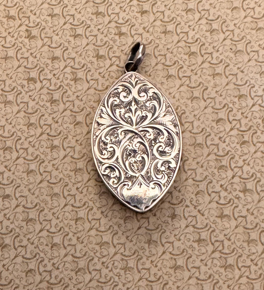 8kt Gold Fully Engraved Marquise Shaped Locket