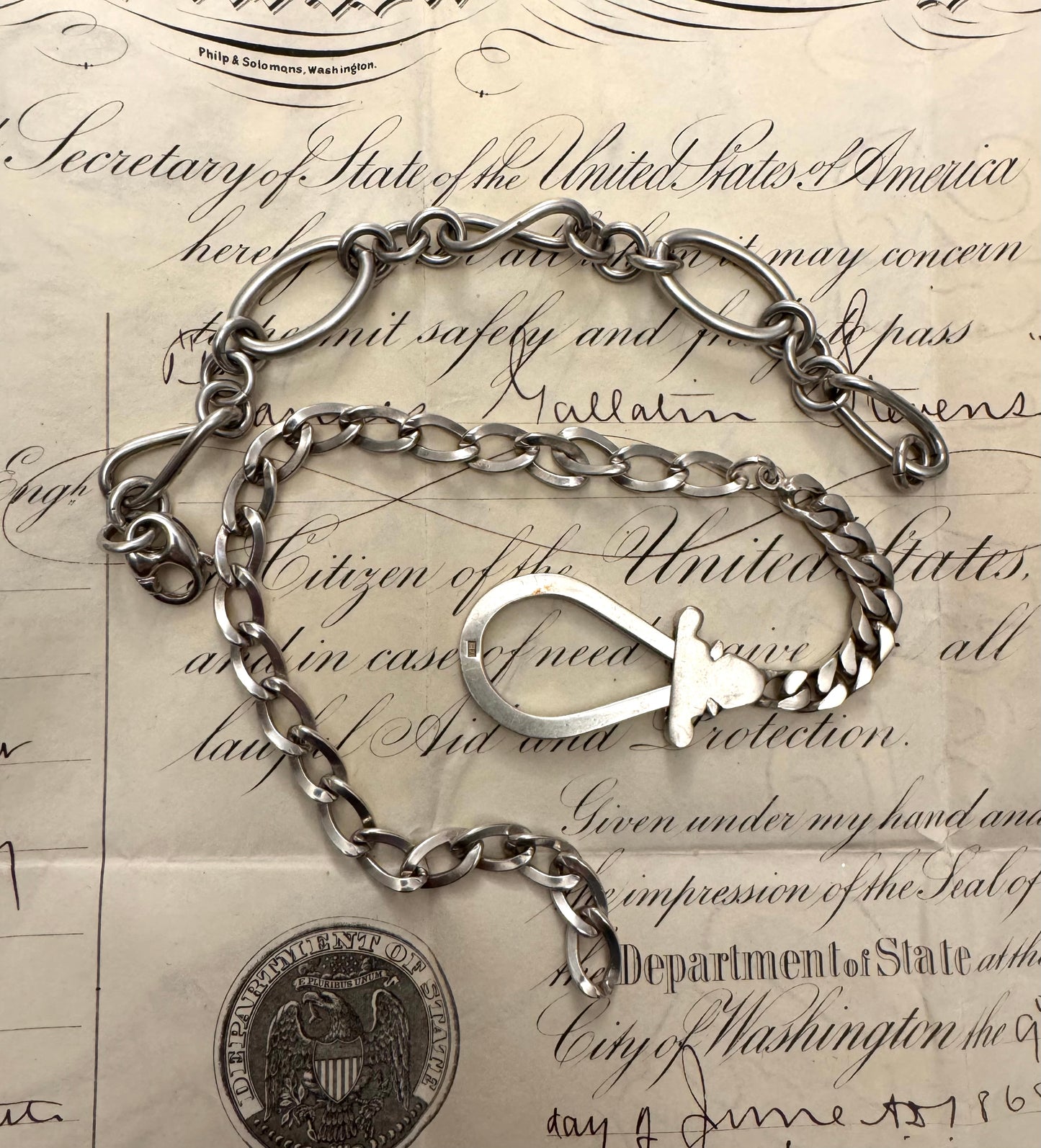 amazing vintage sterling chain with handmade connector and bracelet section