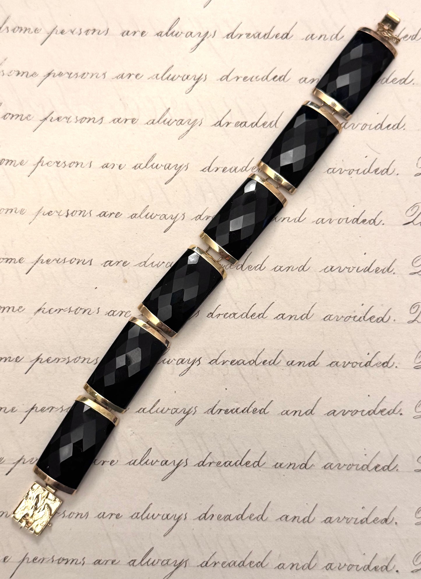 Elegant Wide Onyx and 14k Gold Faceted Bracelet