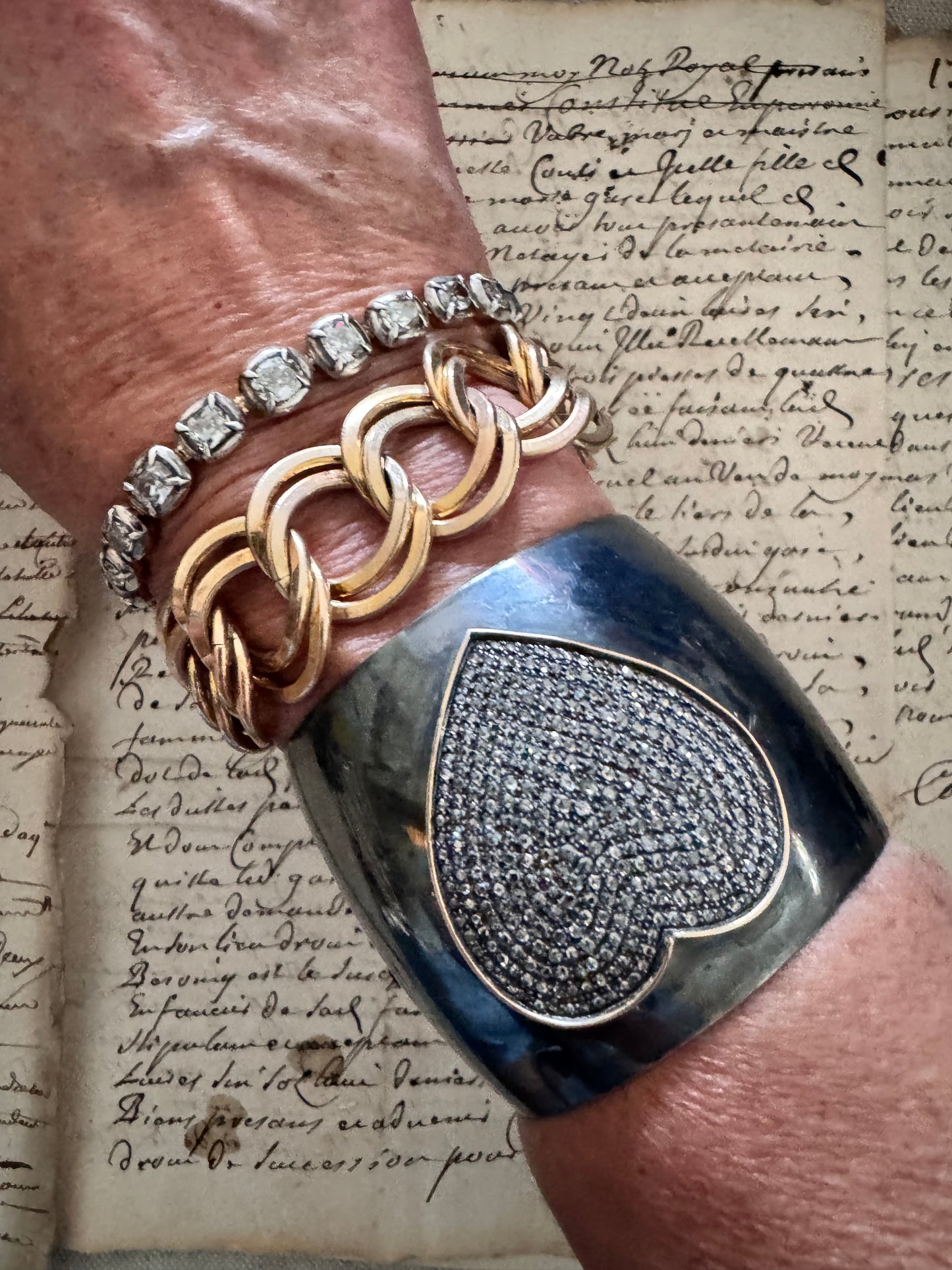 JKC Pave Diamond Heart with Gold Bezel on Oxidized Sterling Cuff