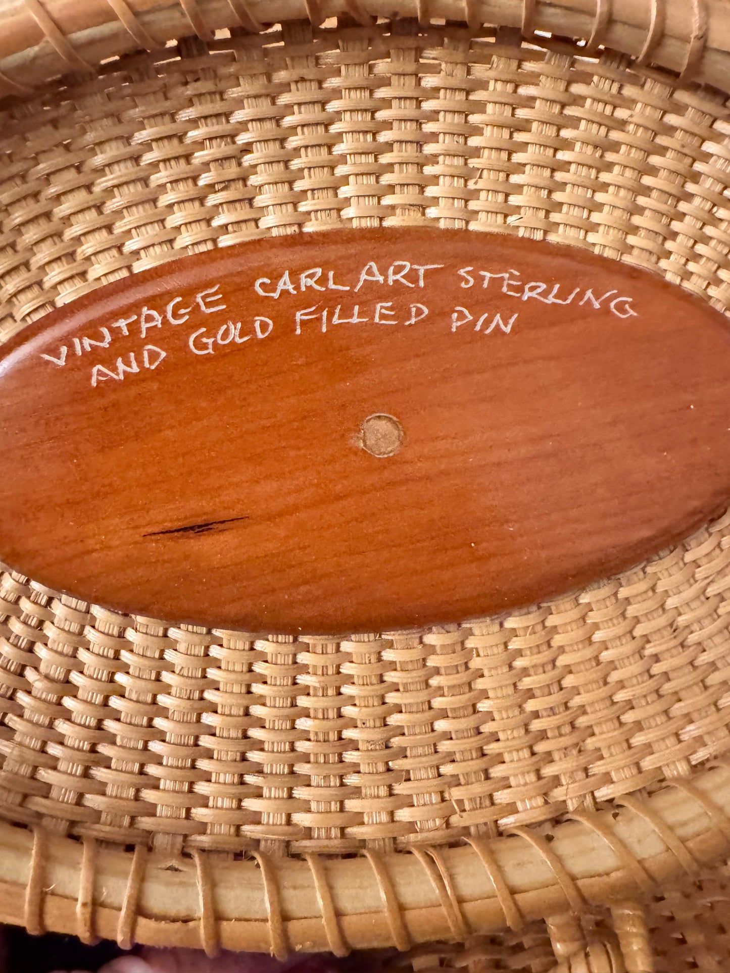 Large Oval Nantucket Basket with Vintage Carl Art Sterling and Gold Filled Lilly Pin