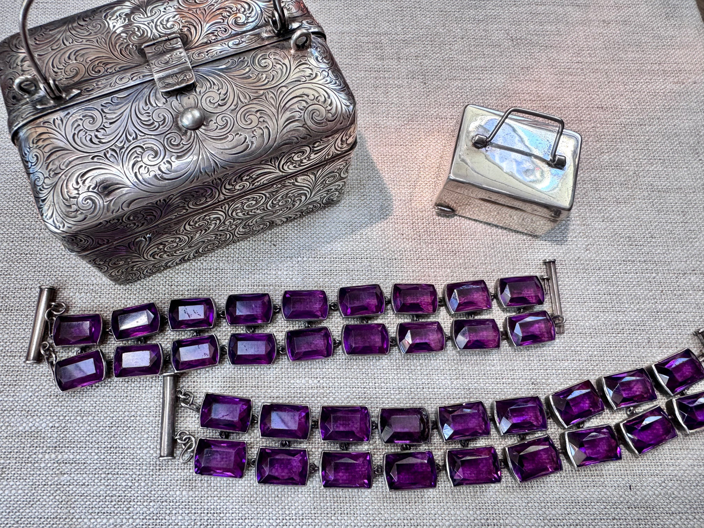 Two Deco Amethyst Glass and Sterling Bracelets
